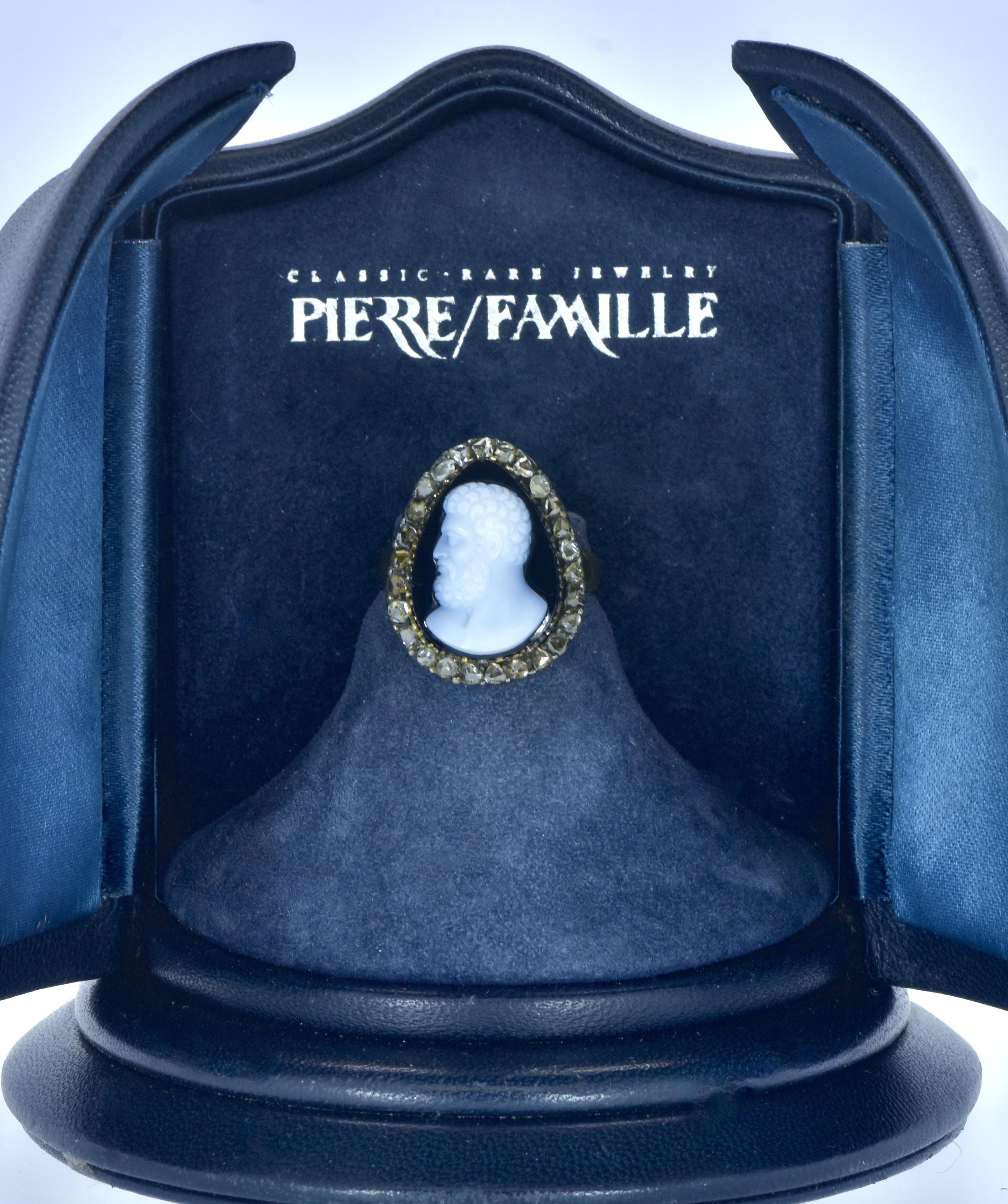 Antique Gold, Silver, Diamond and fine Onyx Cameo Ring, circa 1850. For Sale 4