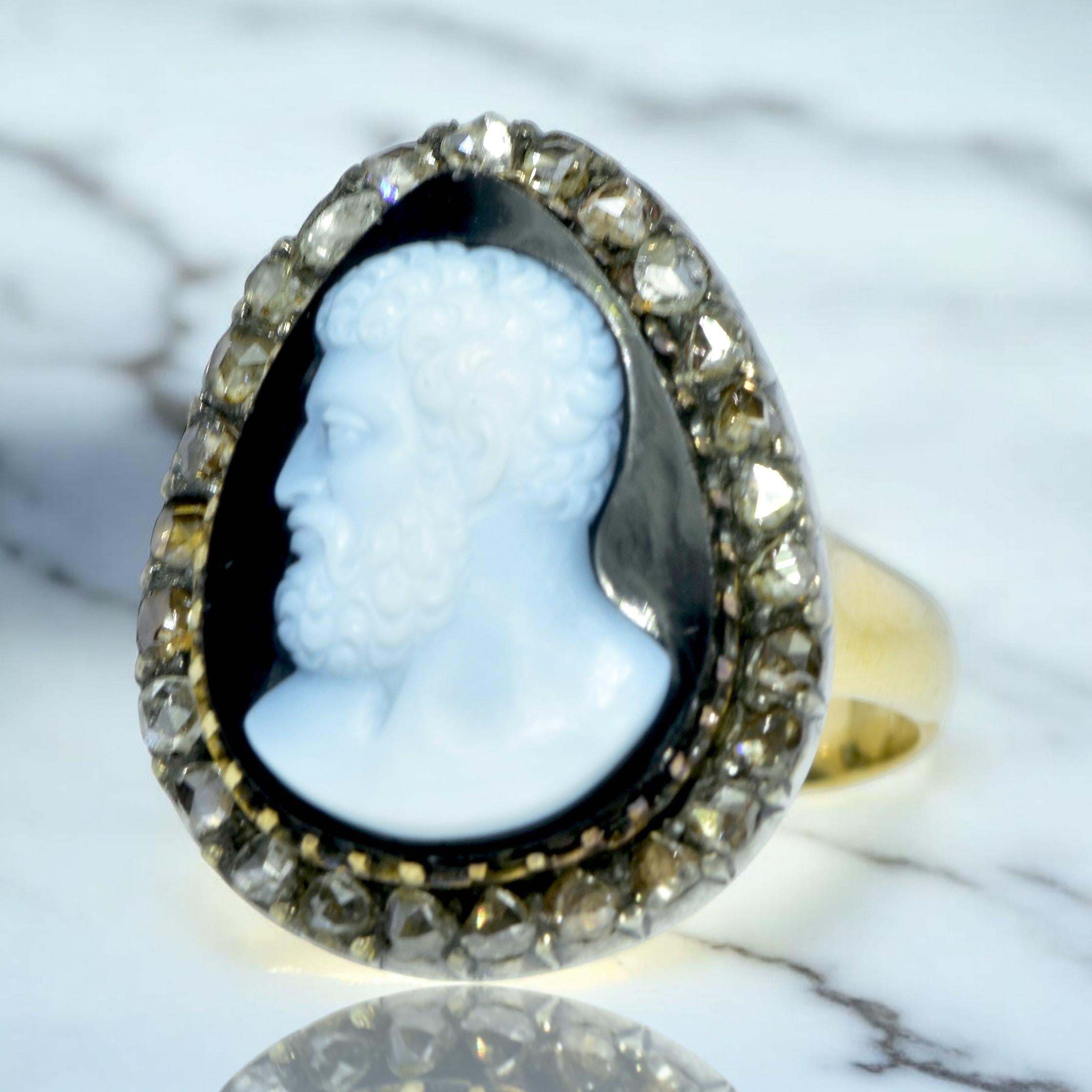 Mixed Cut Antique Gold, Silver, Diamond and fine Onyx Cameo Ring, circa 1850. For Sale