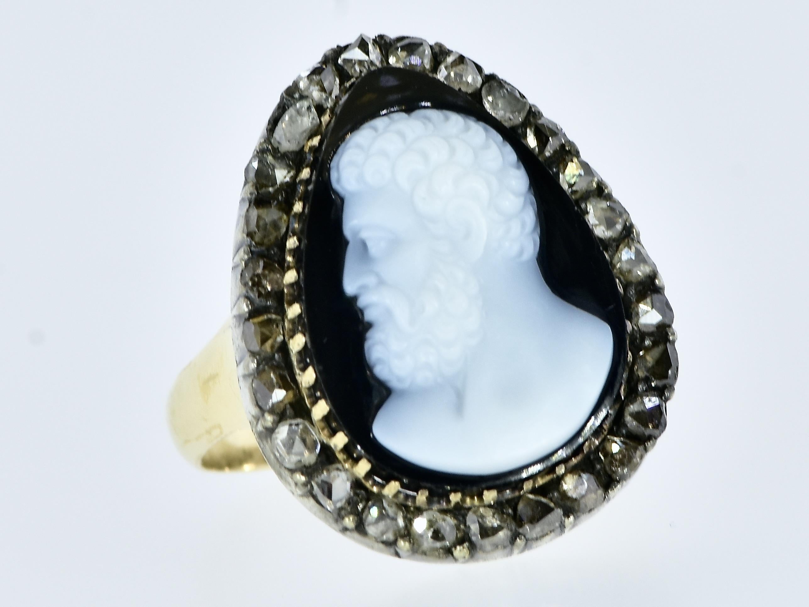 Women's or Men's Antique Gold, Silver, Diamond and fine Onyx Cameo Ring, circa 1850. For Sale