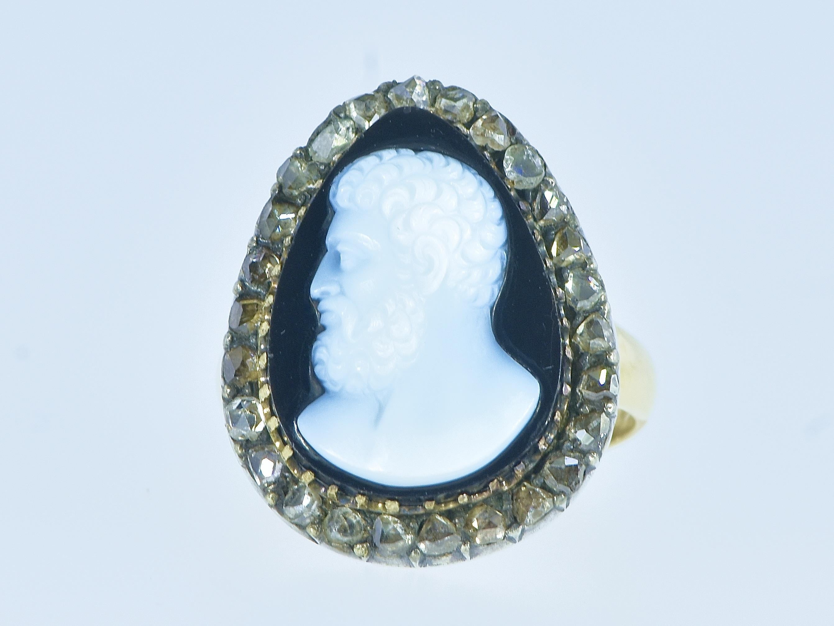 Antique Gold, Silver, Diamond and fine Onyx Cameo Ring, circa 1850. For Sale 1