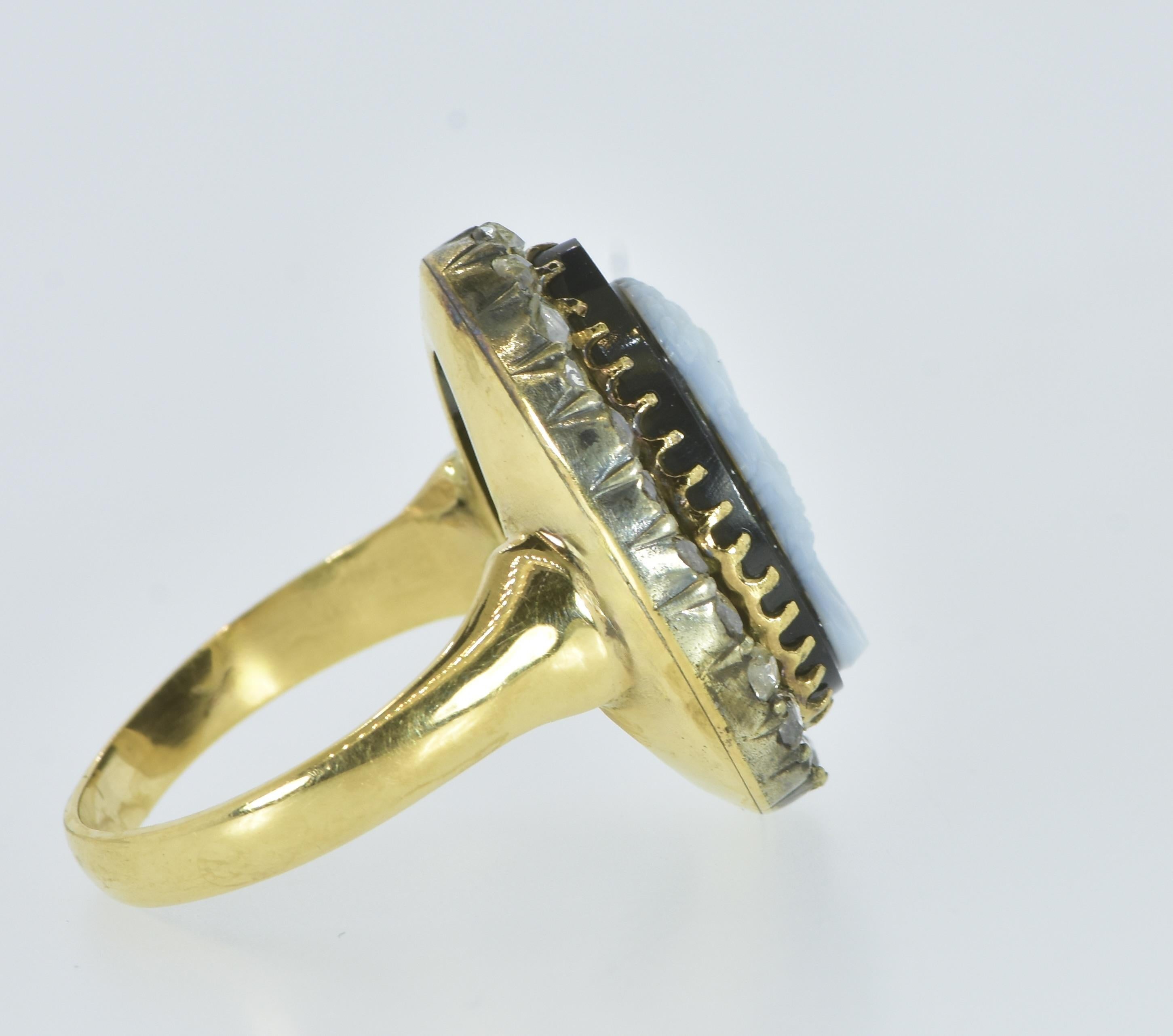 Antique Gold, Silver, Diamond and fine Onyx Cameo Ring, circa 1850. For Sale 3