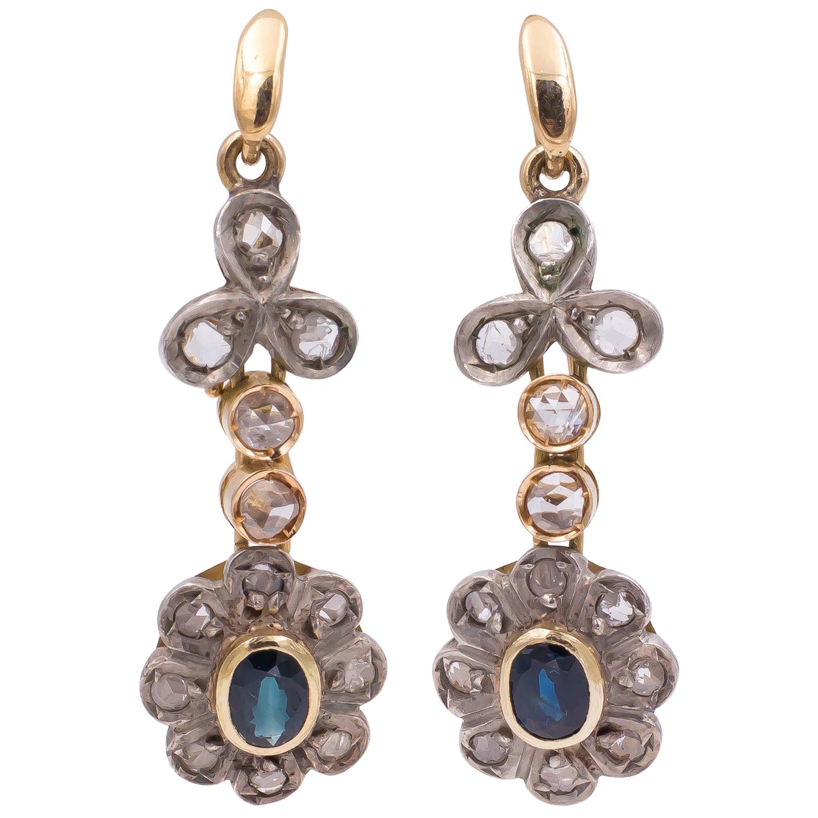 Antique Gold, Silver, Diamond and Sapphire Earrings, 1920s For Sale