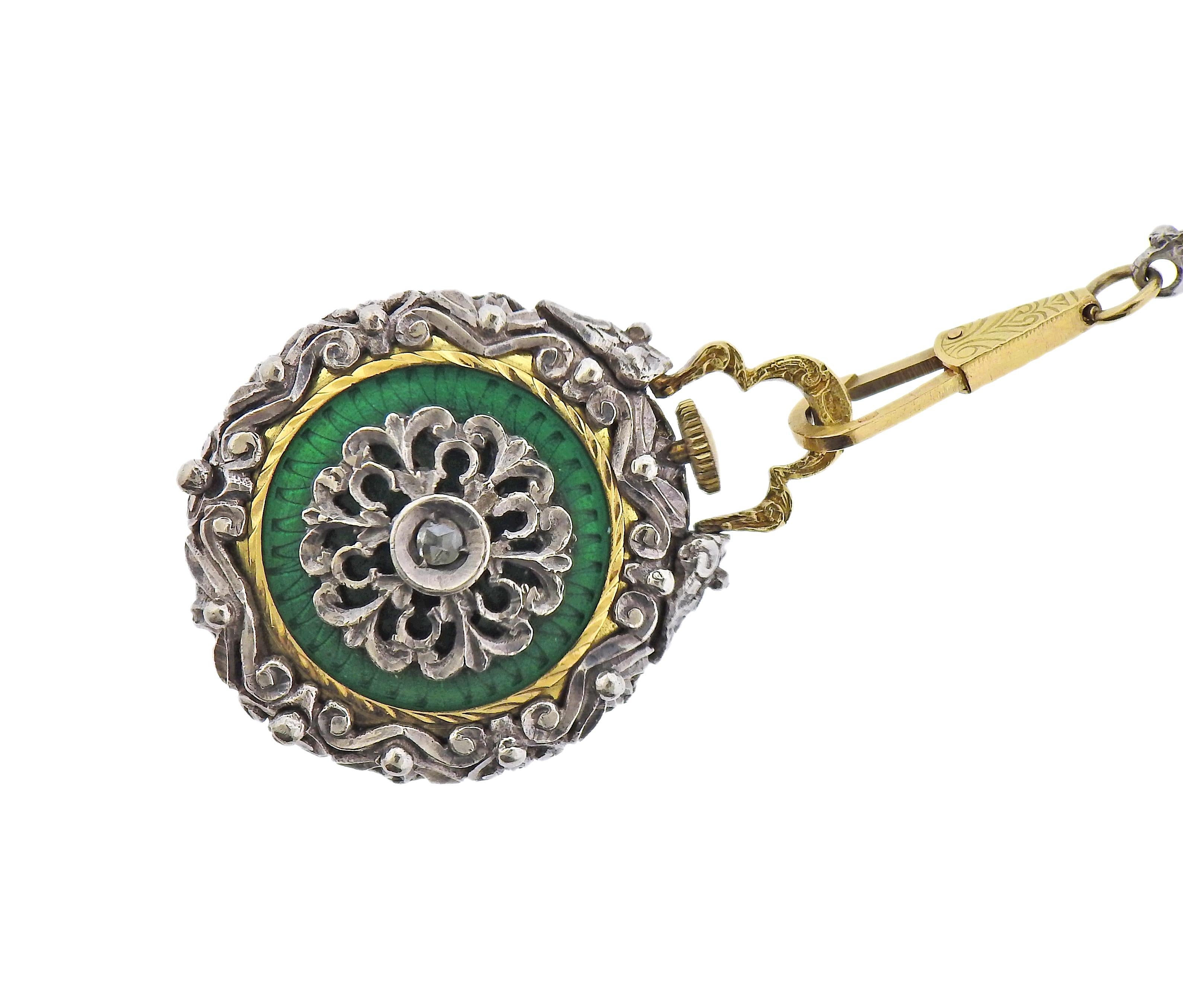 Taille rose Collier pendentif montre de poche antique en or argent diamant émaillé en vente