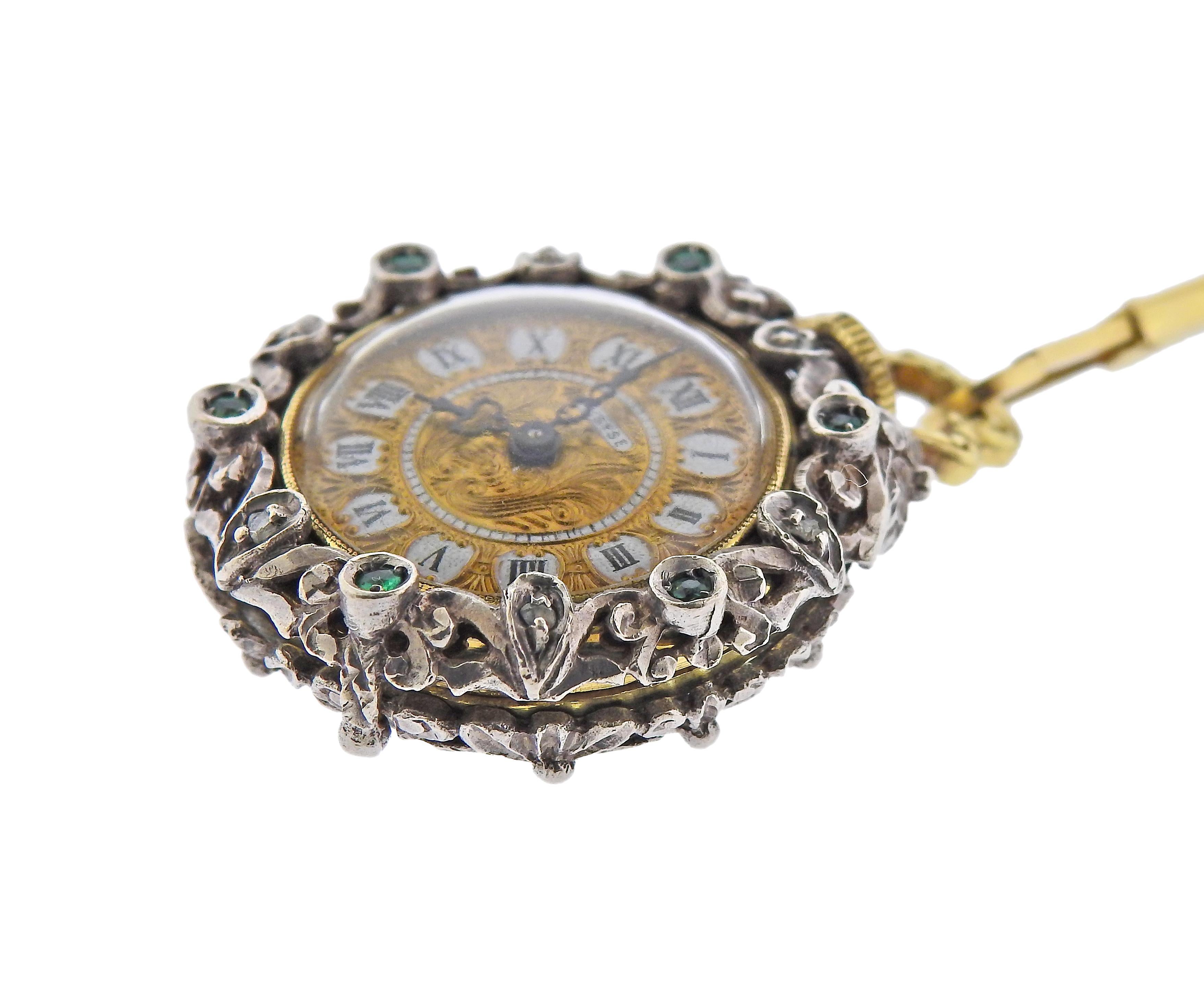 Collier pendentif montre de poche antique en or argent diamant émaillé Excellent état - En vente à New York, NY