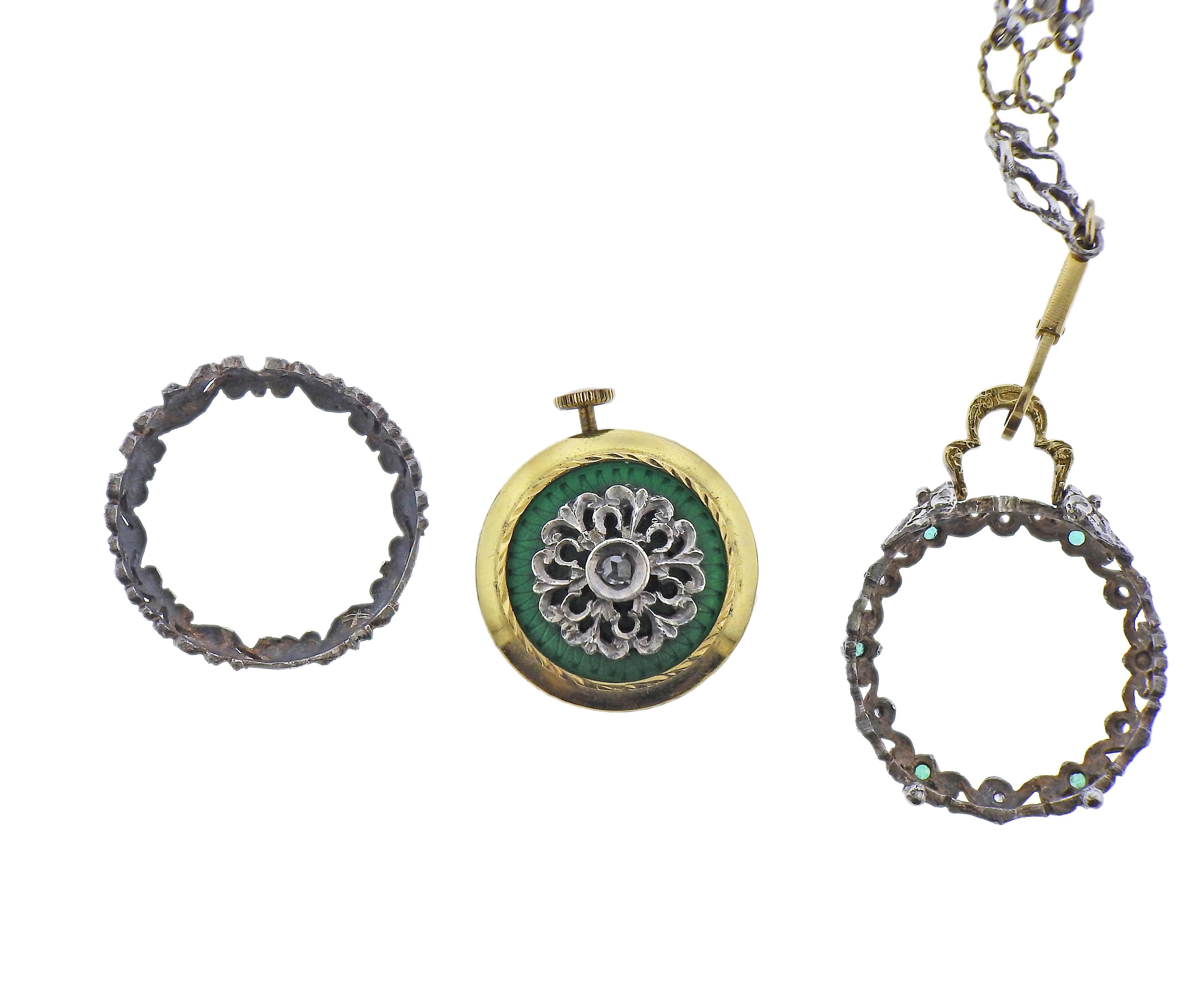Antike Gold Silber Diamant Emaille Taschenuhr Anhänger Halskette (Rosenschliff) im Angebot