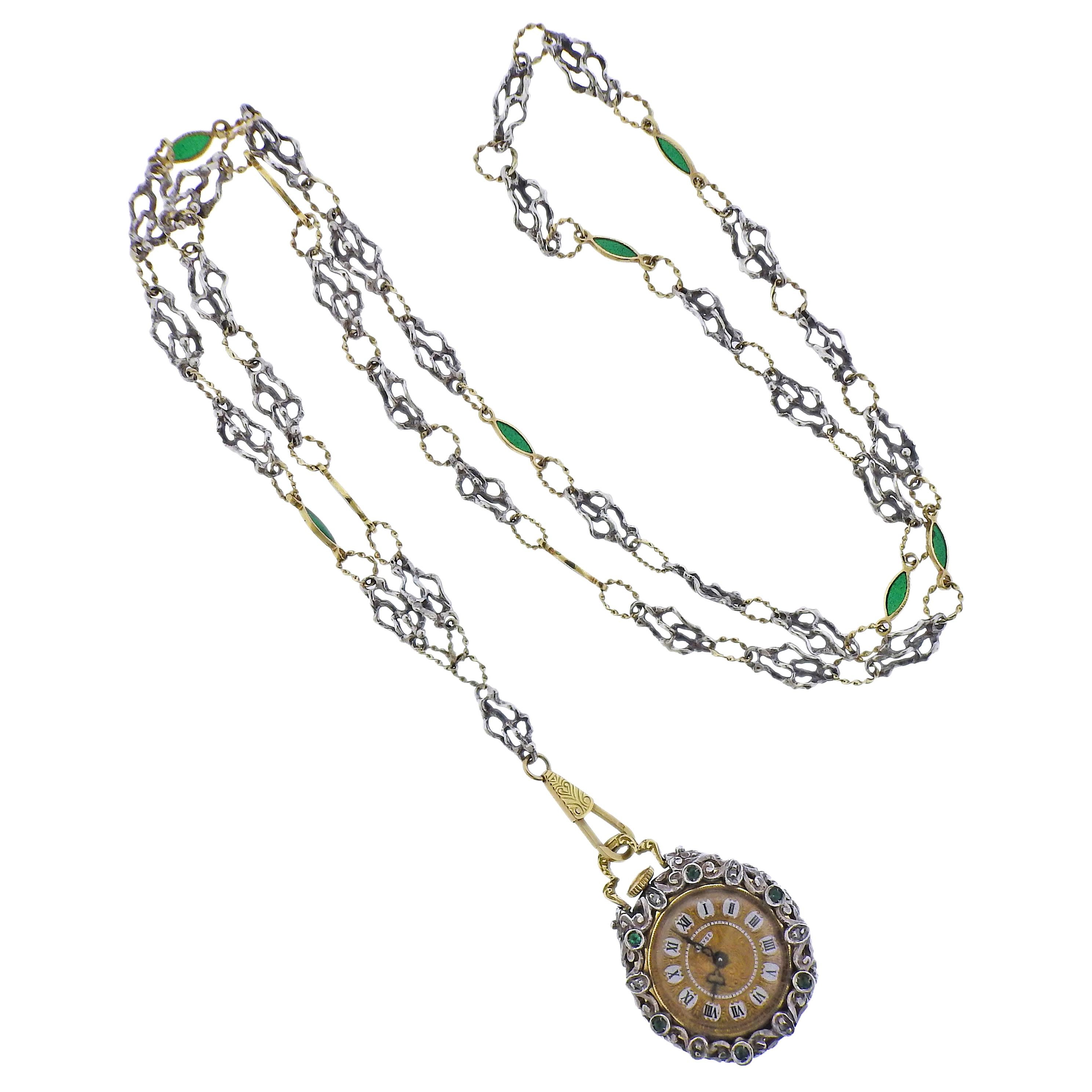 Antique Gold Silver Diamond Enamel Pocket Watch Pendant Necklace