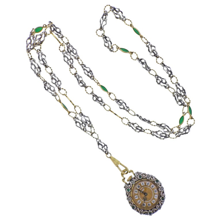 Antique Gold Silver Diamond Enamel Pocket Watch Pendant Necklace For