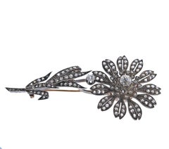 Antique Gold Silver Diamond Flower Brooch Pin