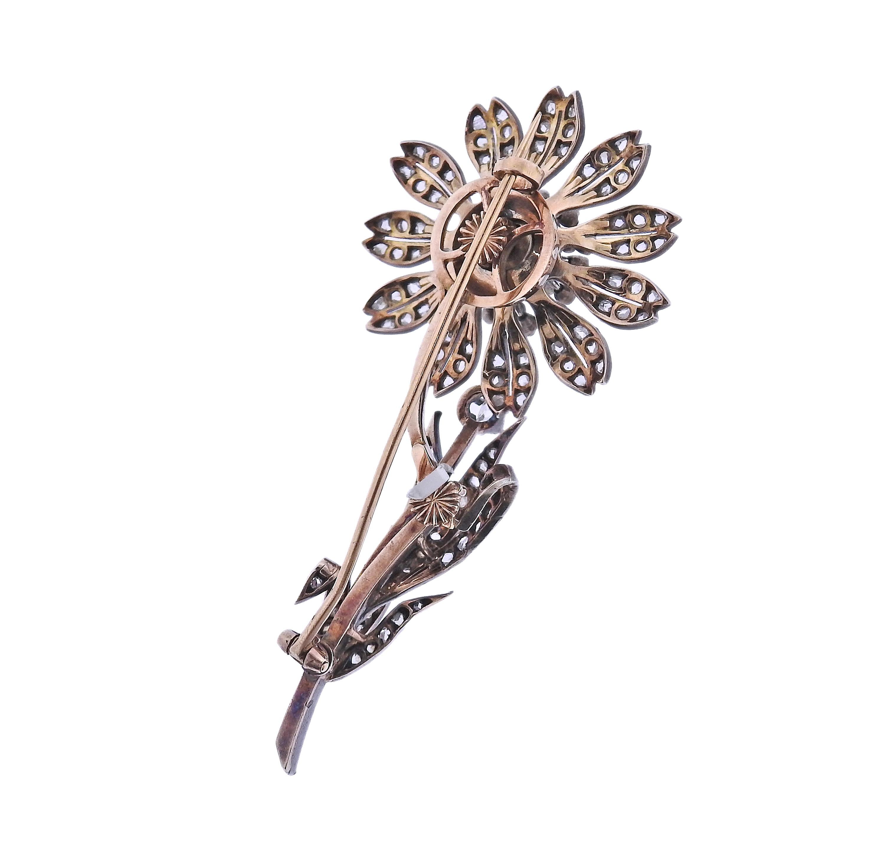 Antique Gold Silver Diamond Flower Brooch Pin In Excellent Condition For Sale In New York, NY