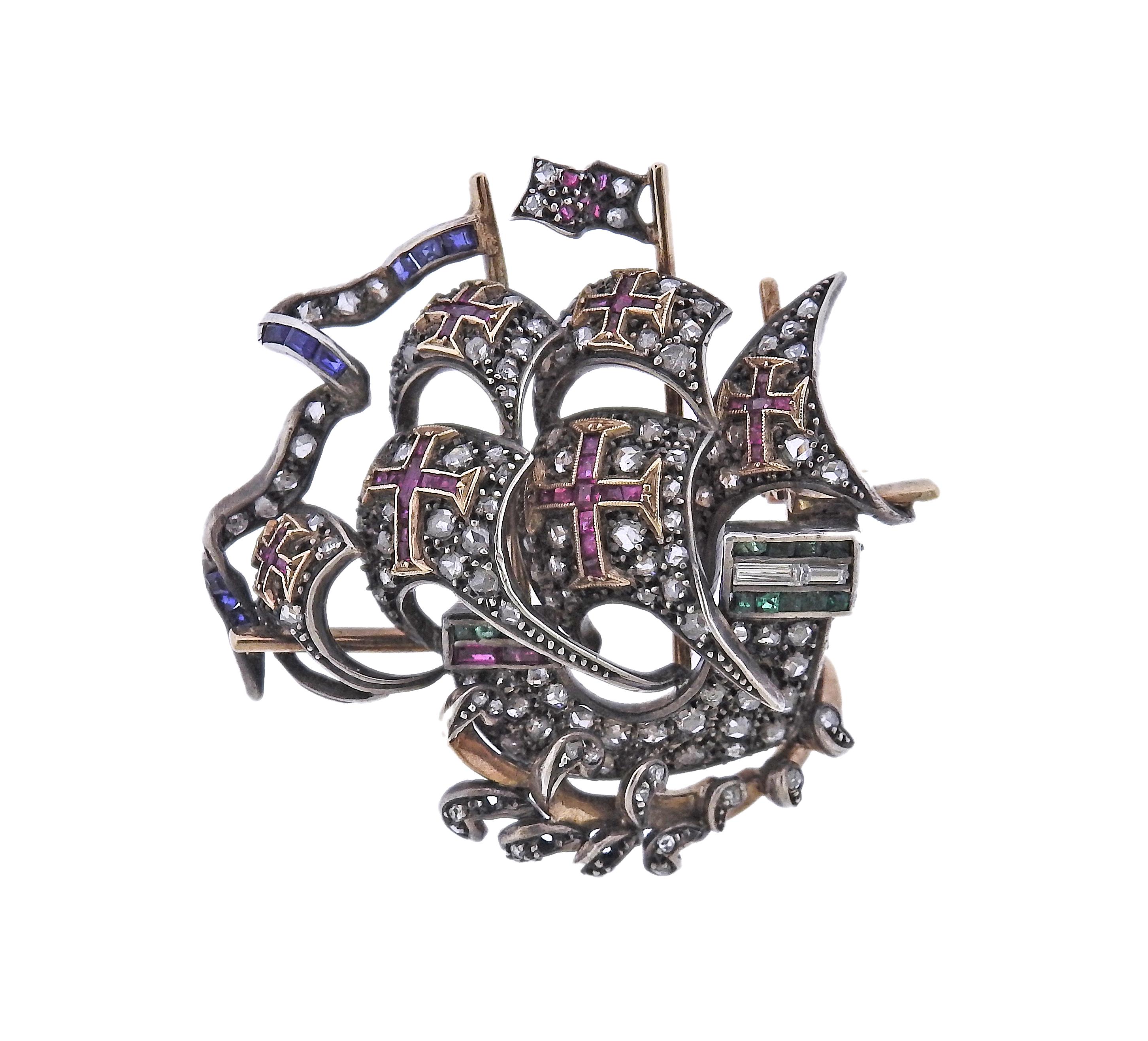 Antique Gold Silver Diamond Gemstone Ship Brooch In Good Condition For Sale In New York, NY