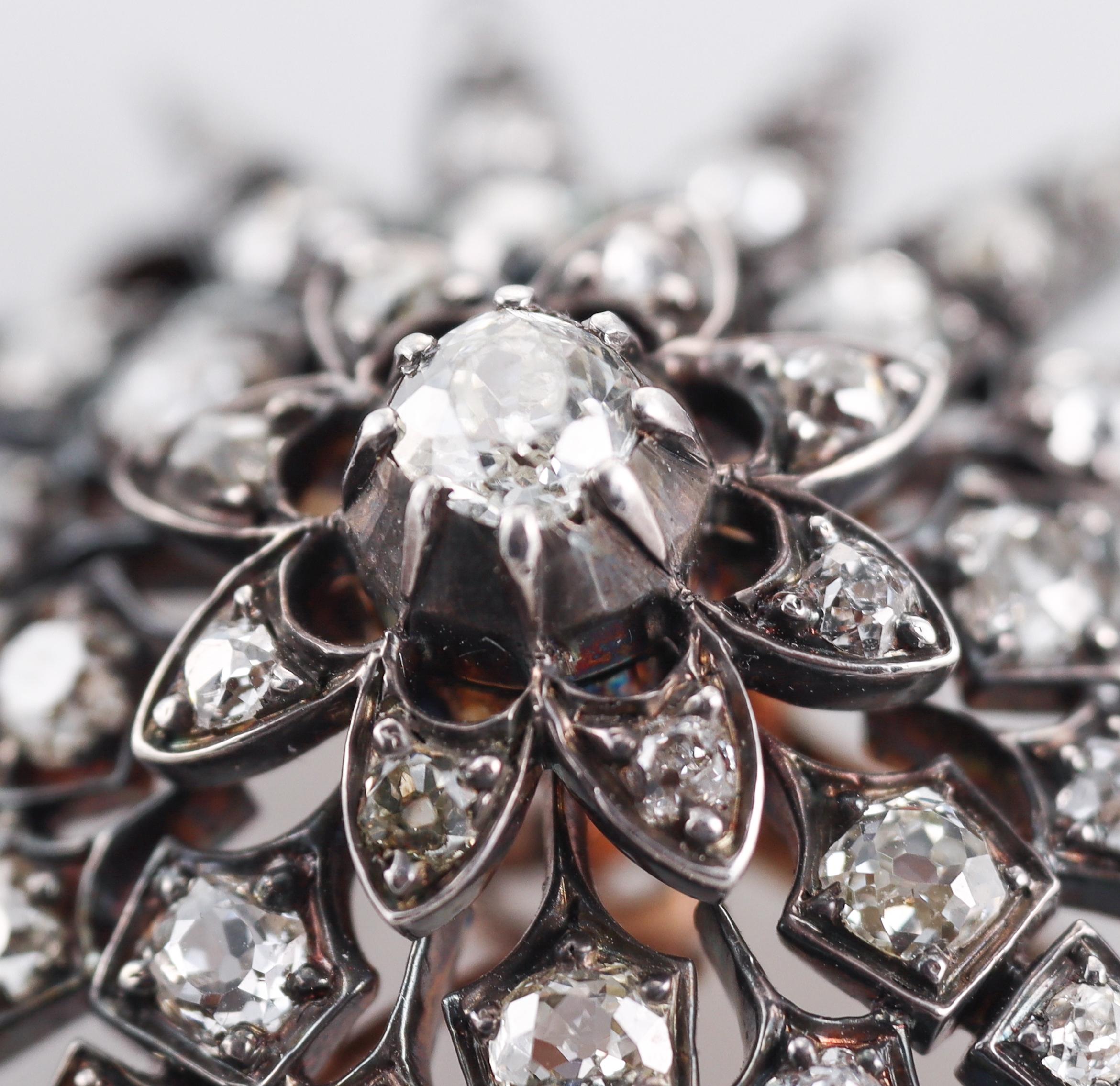 Antique Gold Silver Diamond Starburst Brooch Pendant For Sale 5