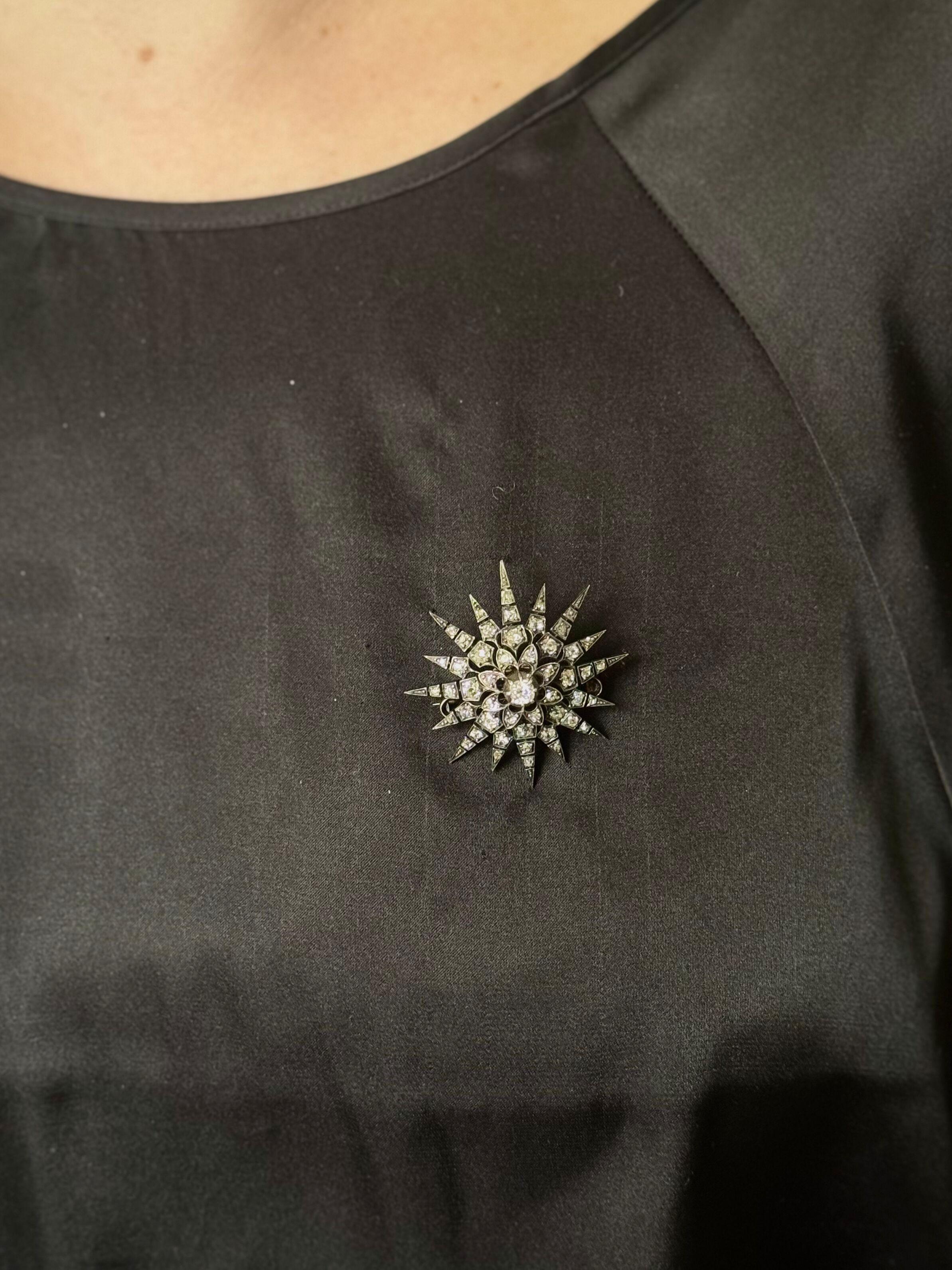 Antique Gold Silver Diamond Starburst Brooch Pendant For Sale 6