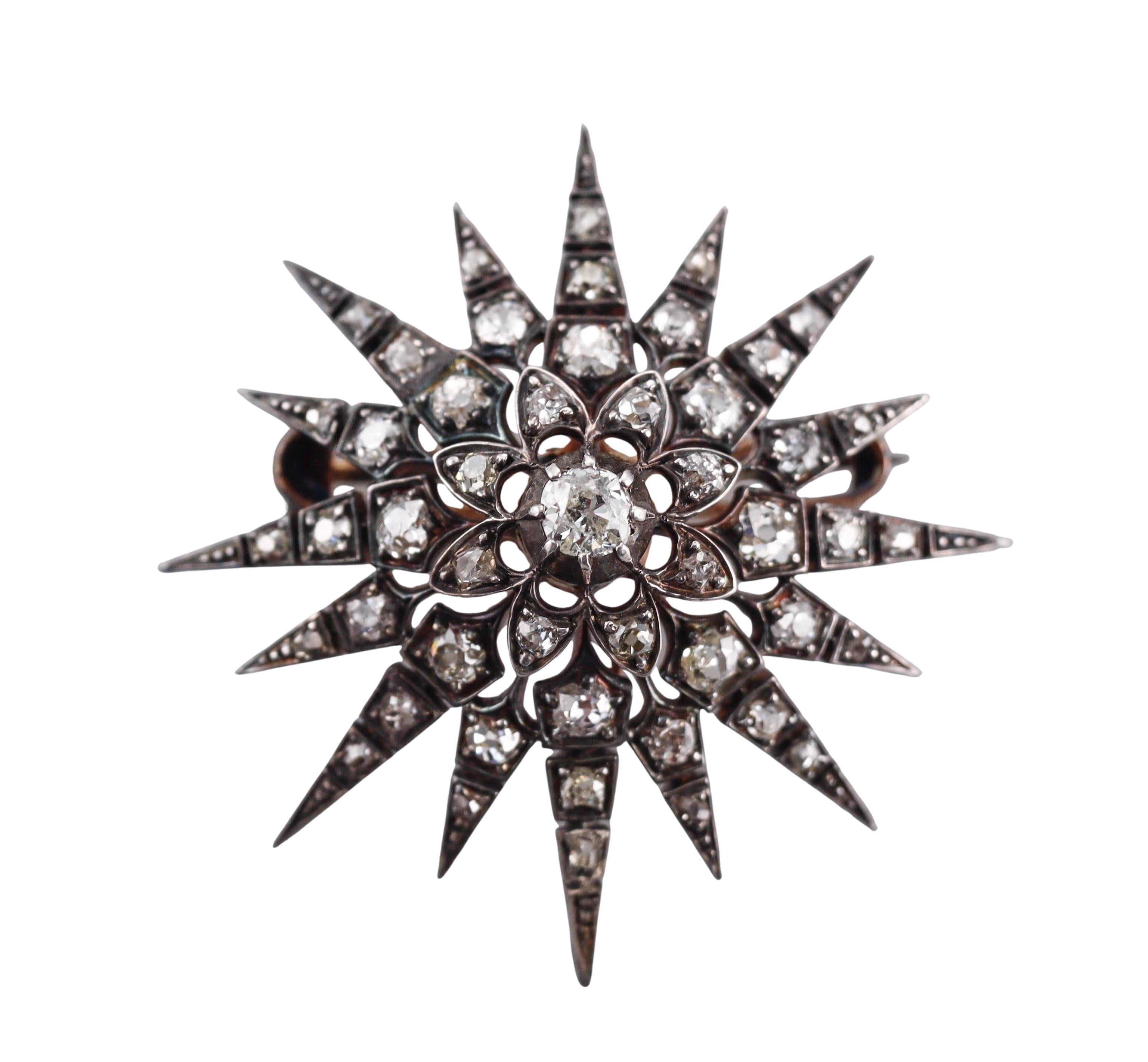 Women's Antique Gold Silver Diamond Starburst Brooch Pendant For Sale