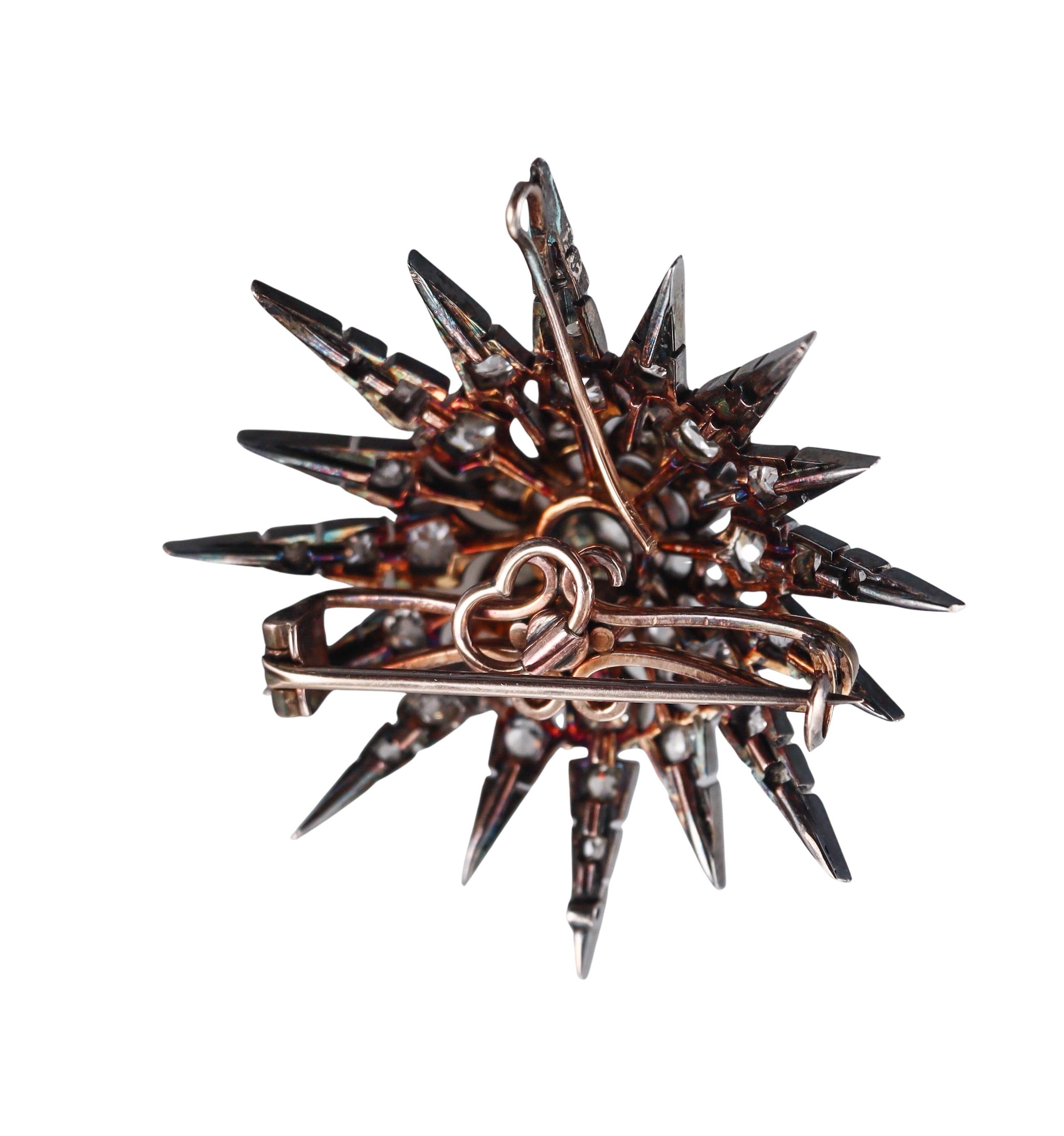 Antique Gold Silver Diamond Starburst Brooch Pendant For Sale 1