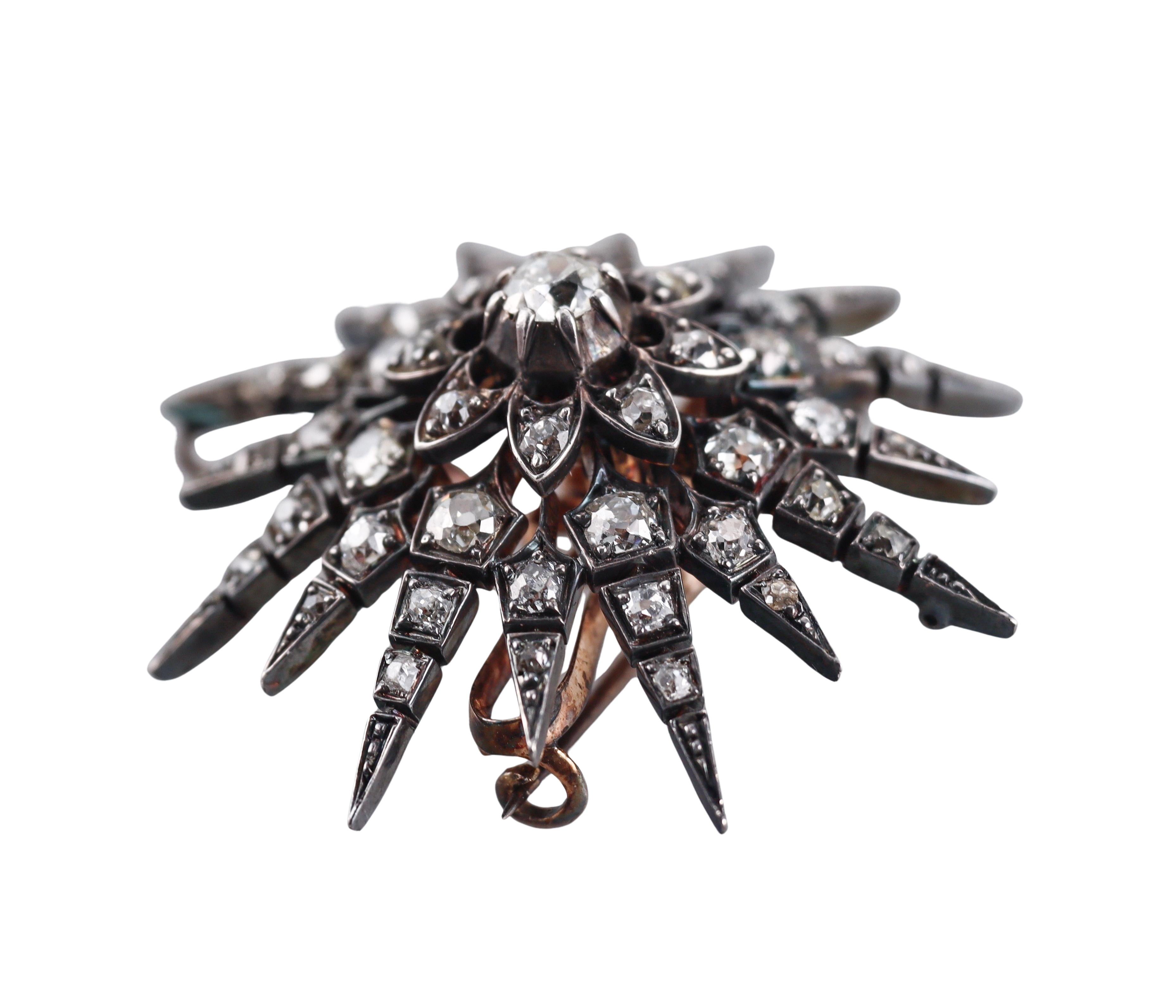 Antique Gold Silver Diamond Starburst Brooch Pendant For Sale 4