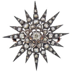 Antique Gold Silver Diamond Starburst Brooch Pendant