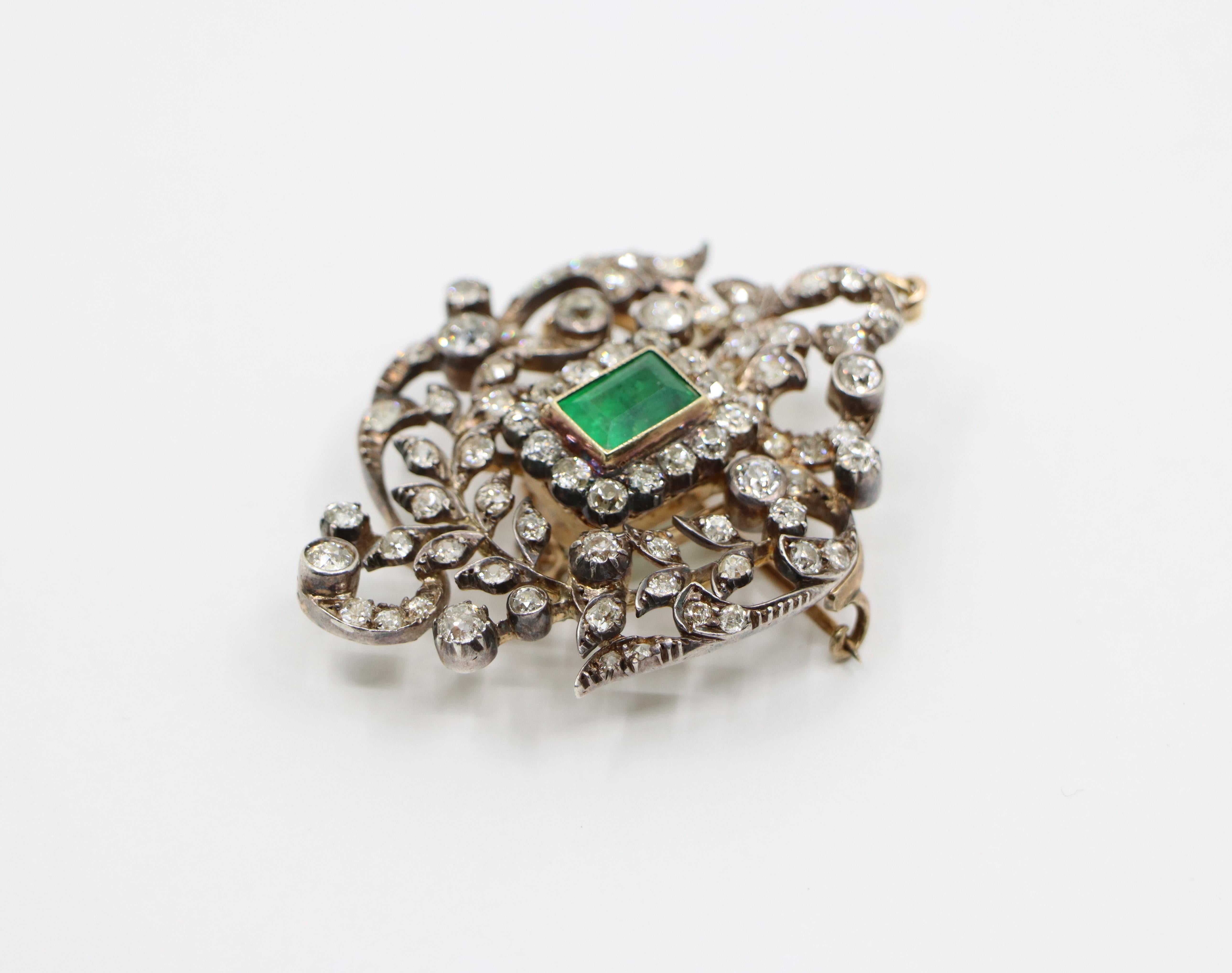 Antique Gold & Silver Emerald Diamonds Pendant Brooch For Sale 6