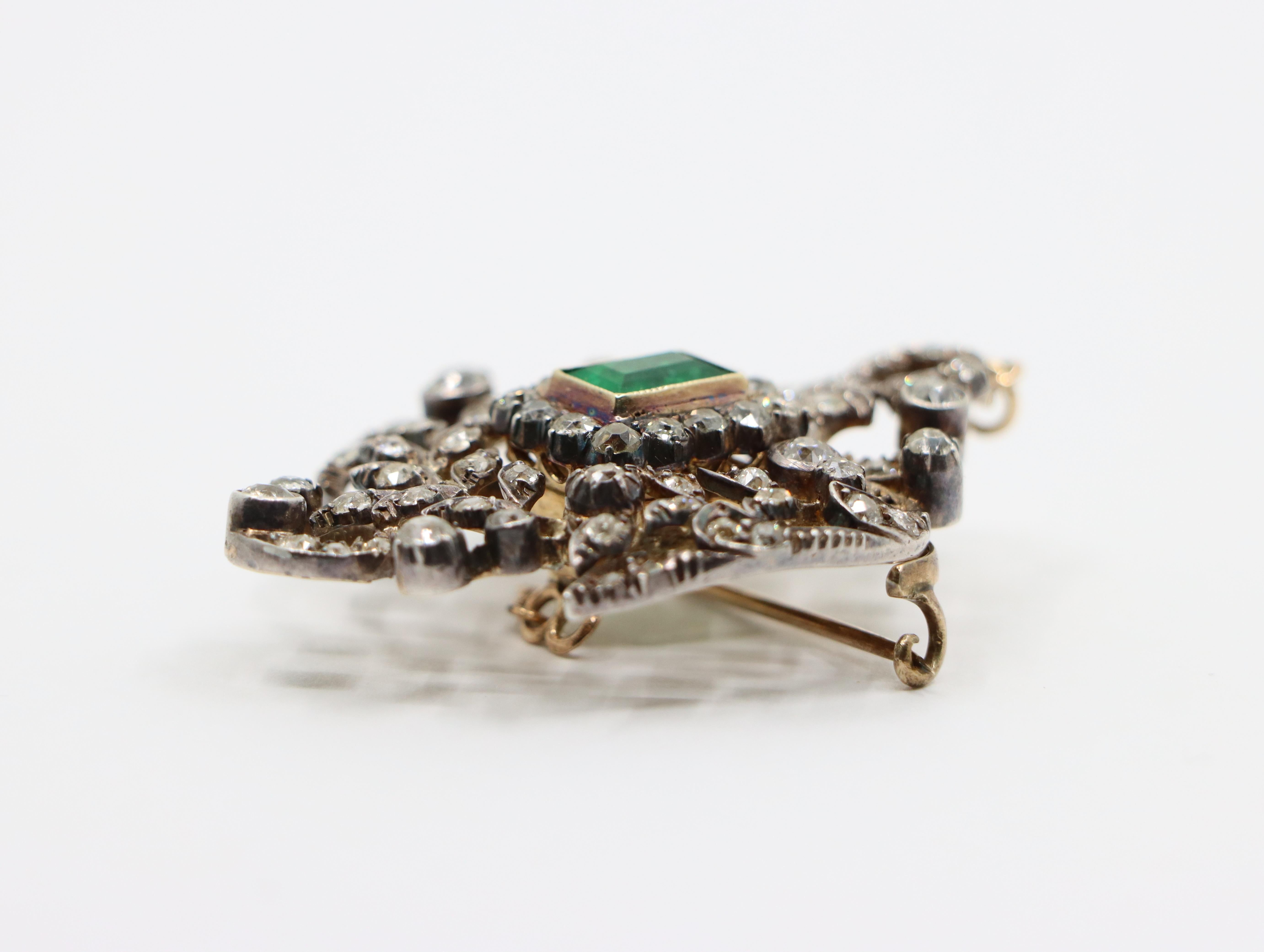 Antique Gold & Silver Emerald Diamonds Pendant Brooch For Sale 7