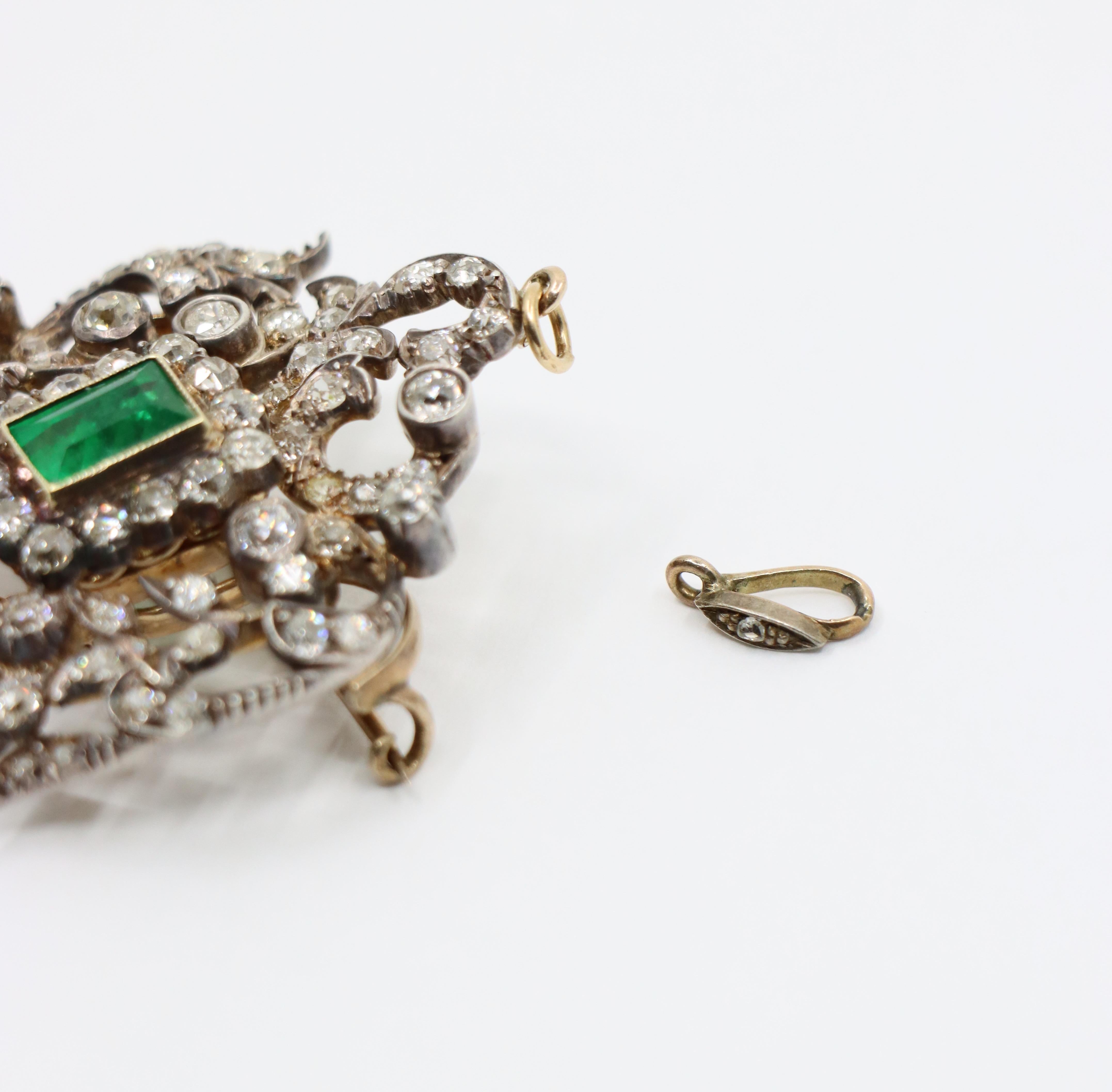 Antique Gold & Silver Emerald Diamonds Pendant Brooch For Sale 8