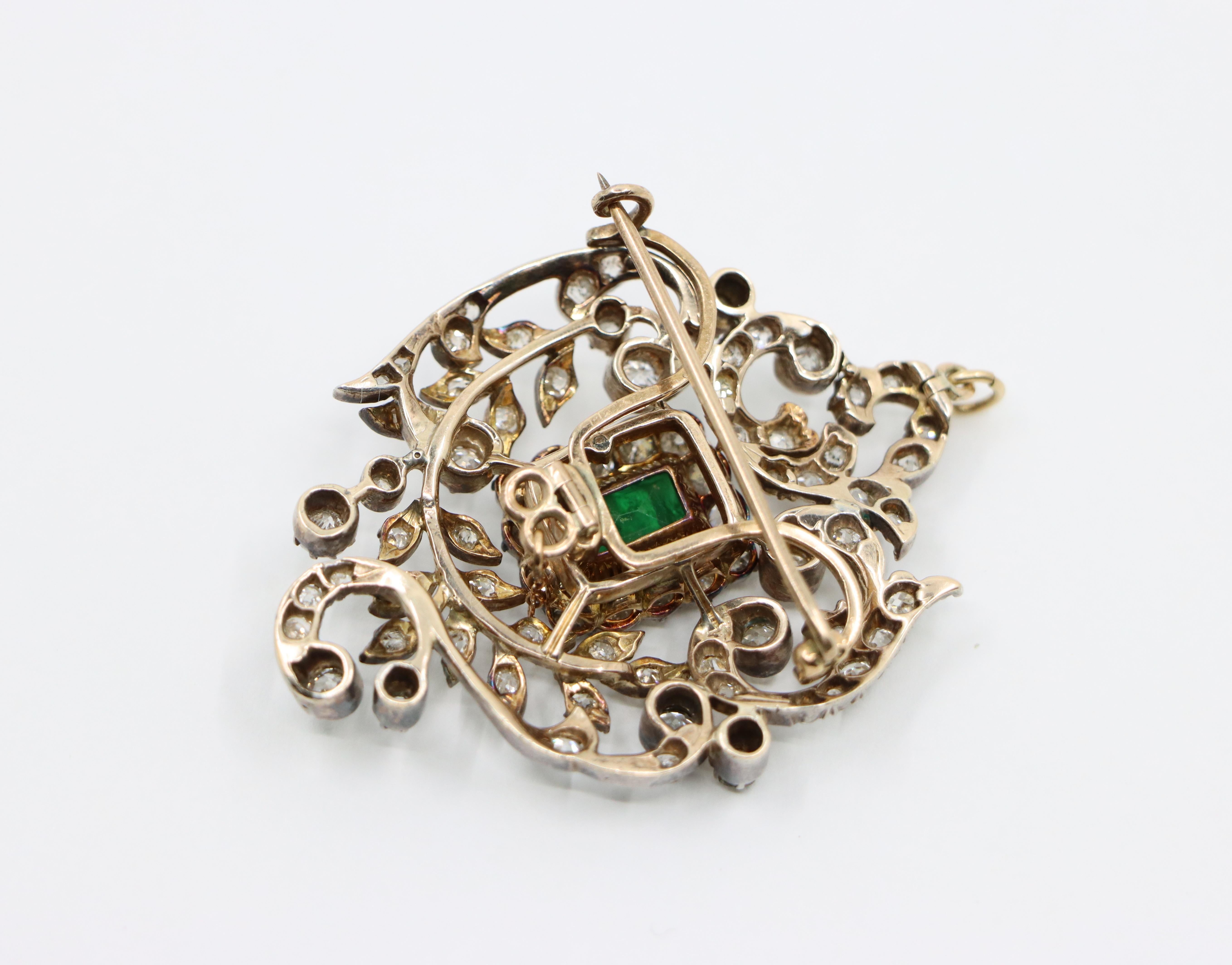 Antique Gold & Silver Emerald Diamonds Pendant Brooch For Sale 4