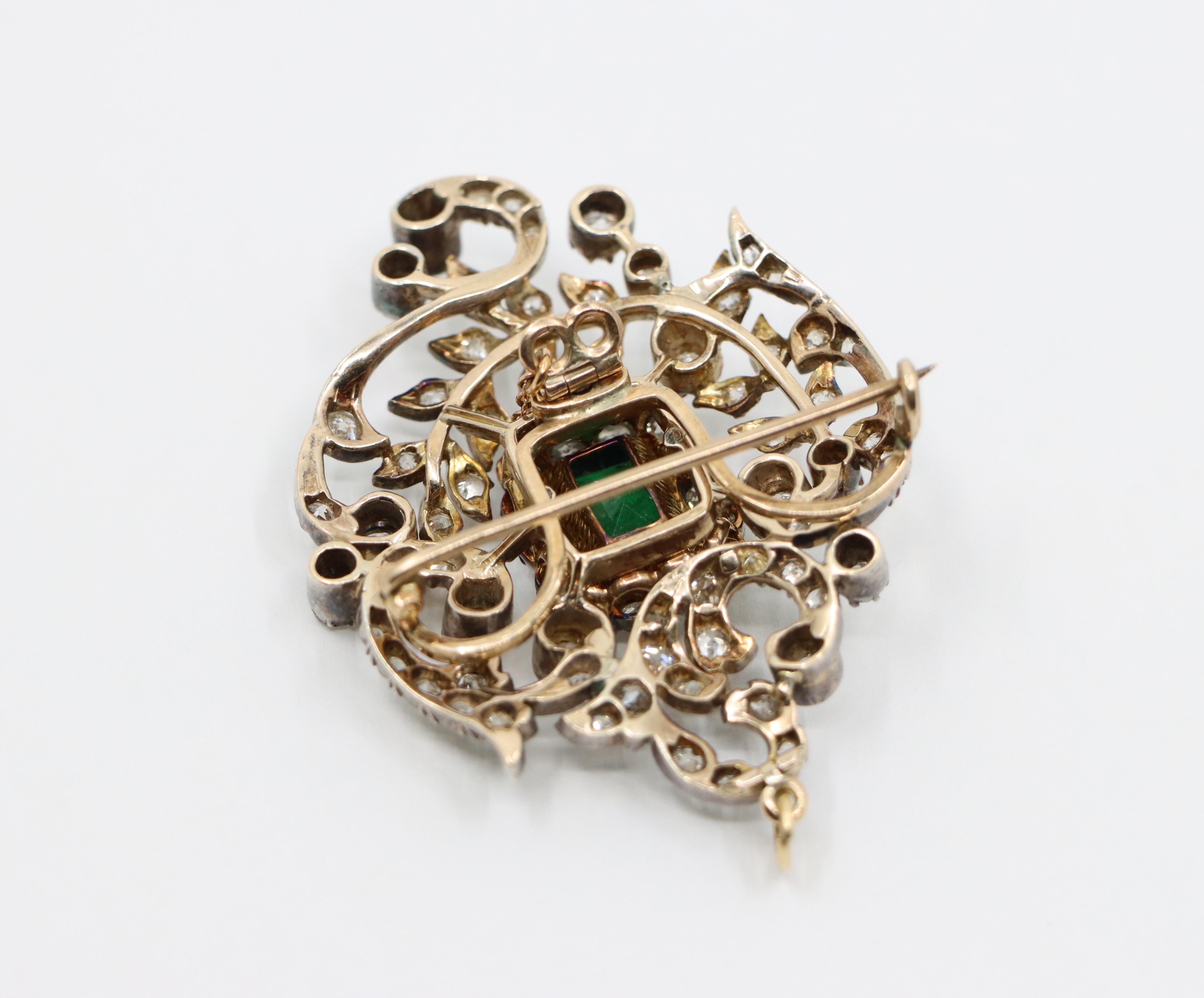 Antique Gold & Silver Emerald Diamonds Pendant Brooch For Sale 5