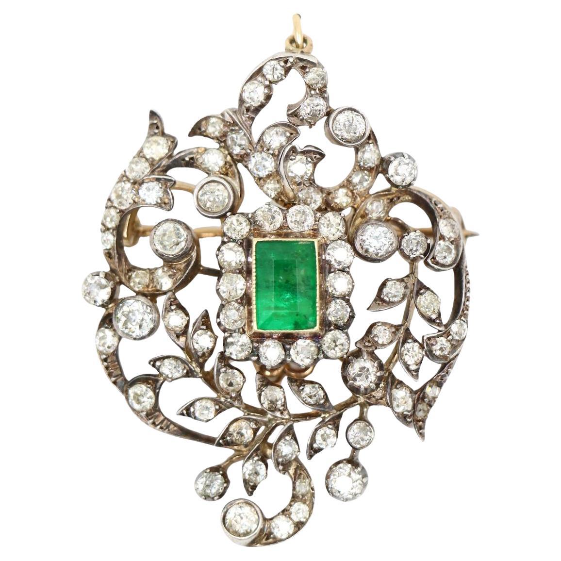Antique Gold & Silver Emerald Diamonds Pendant Brooch