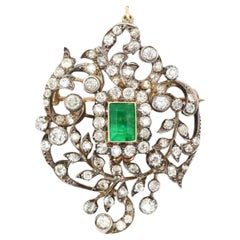 Antique Gold & Silver Emerald Diamonds Pendant Brooch