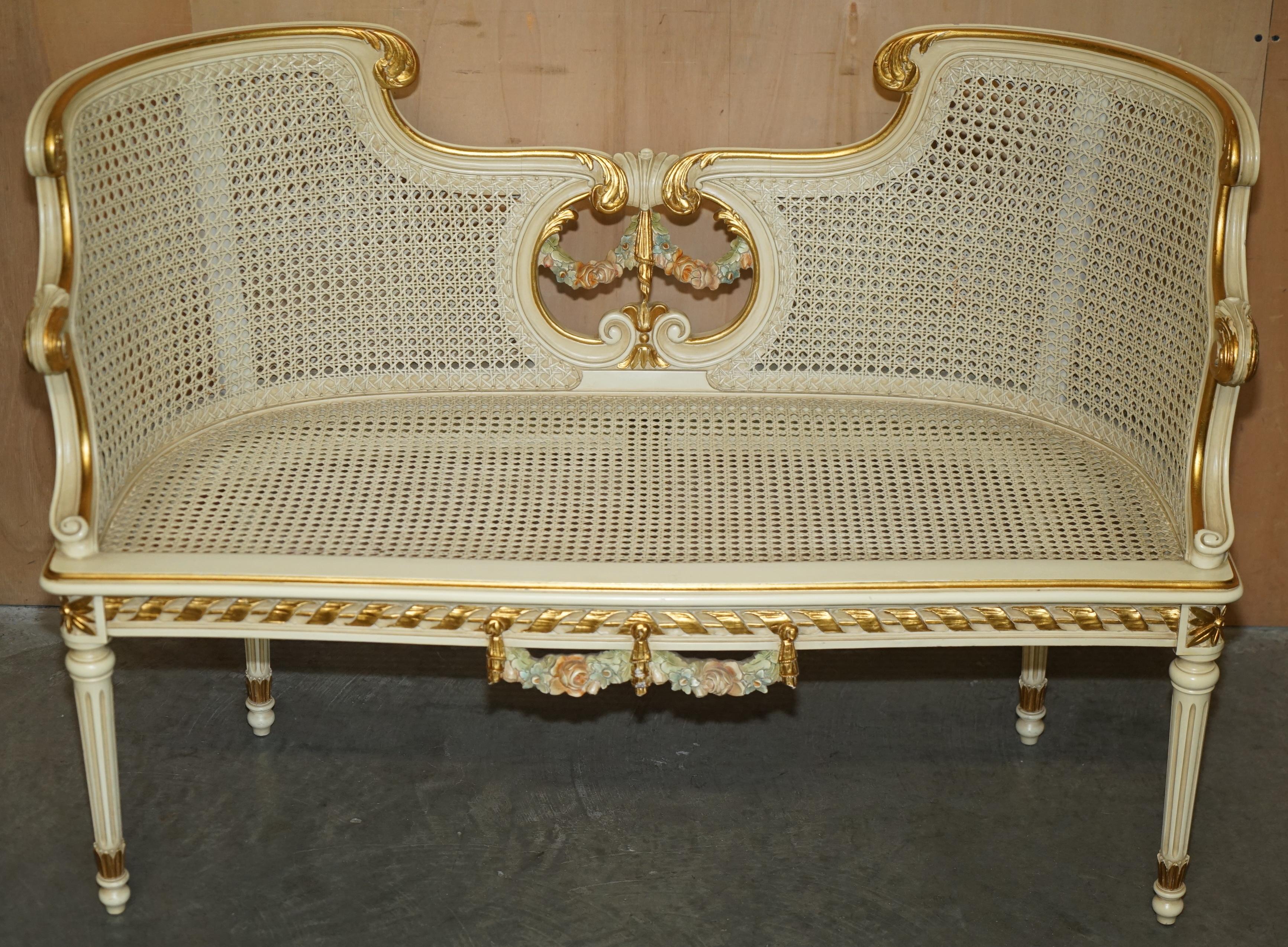 ANTIQUE GOLD & SILVER LEAF EMBROIDERED FRENCH LOUIS BERGERE WiNDOW SEAT BENCH For Sale 7
