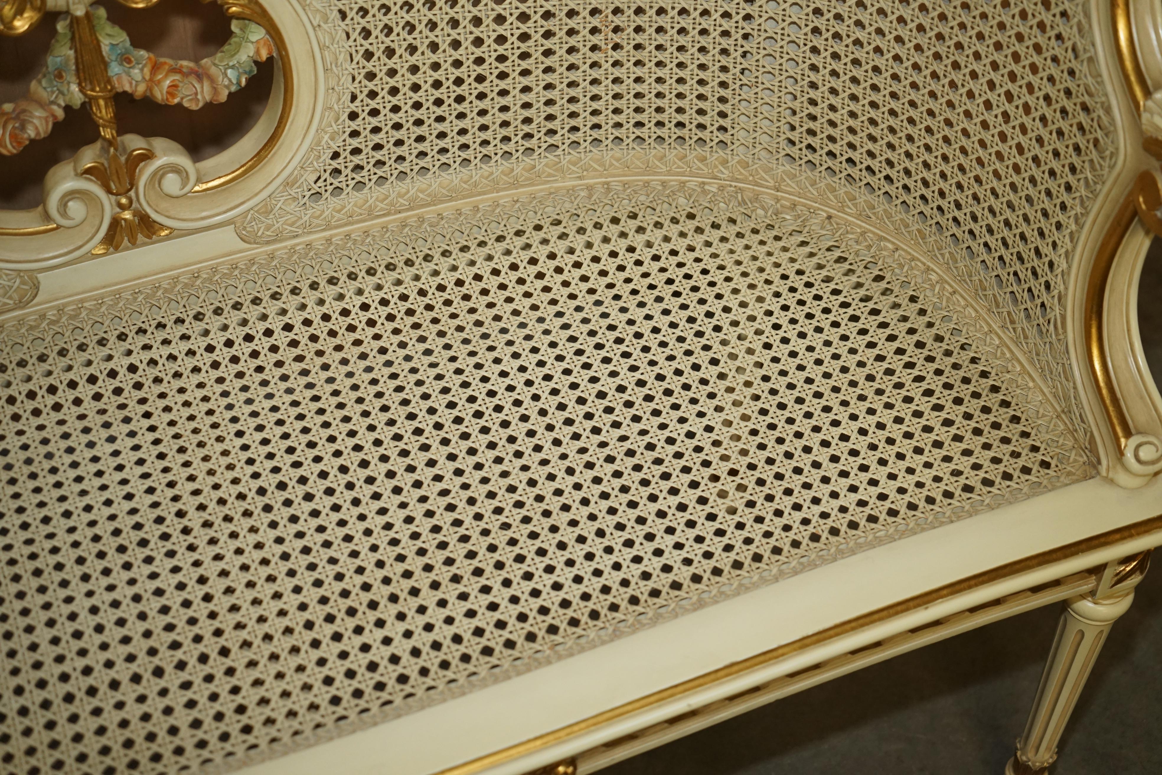 ANTIQUE GOLD & SILVER LEAF EMBROIDERED FRENCH LOUIS BERGERE WiNDOW SEAT BENCH For Sale 9