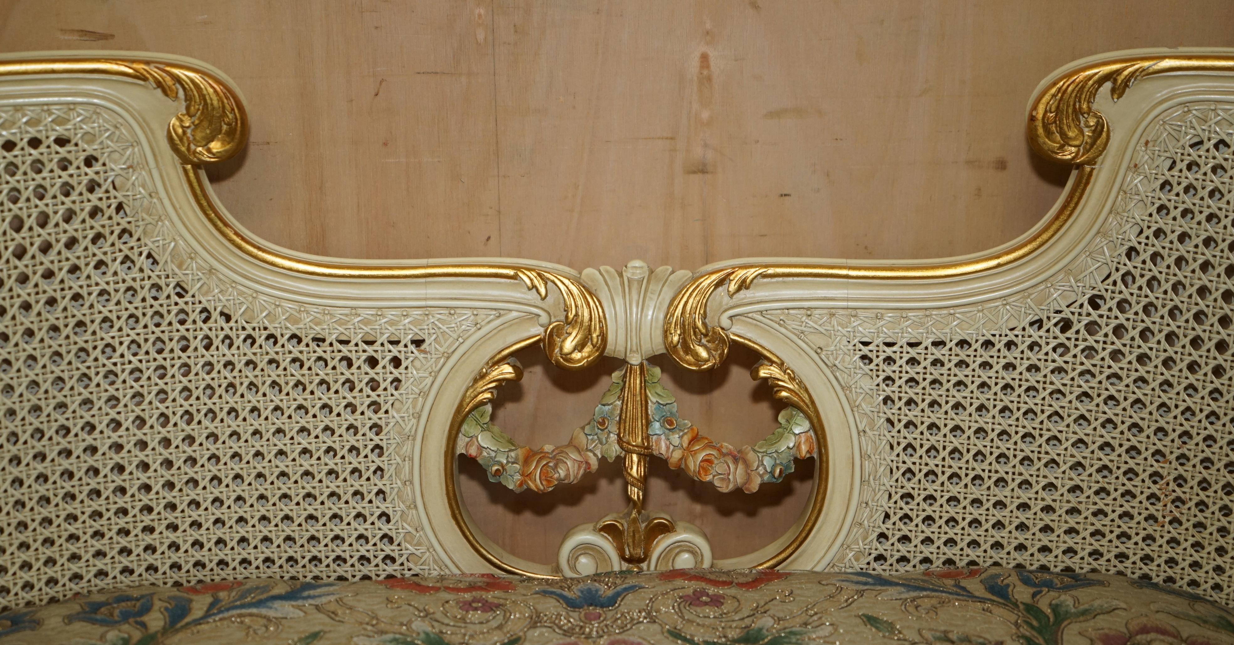 Hand-Crafted ANTIQUE GOLD & SILVER LEAF EMBROIDERED FRENCH LOUIS BERGERE WiNDOW SEAT BENCH For Sale
