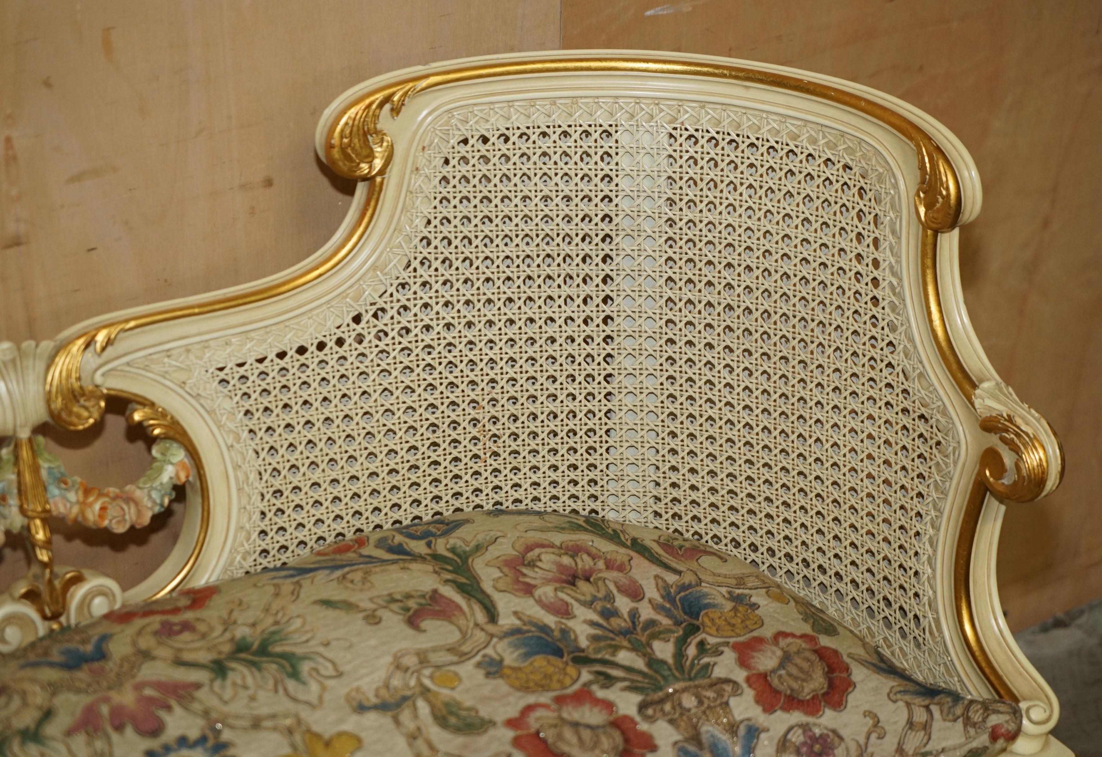 20th Century ANTIQUE GOLD & SILVER LEAF EMBROIDERED FRENCH LOUIS BERGERE WiNDOW SEAT BENCH For Sale