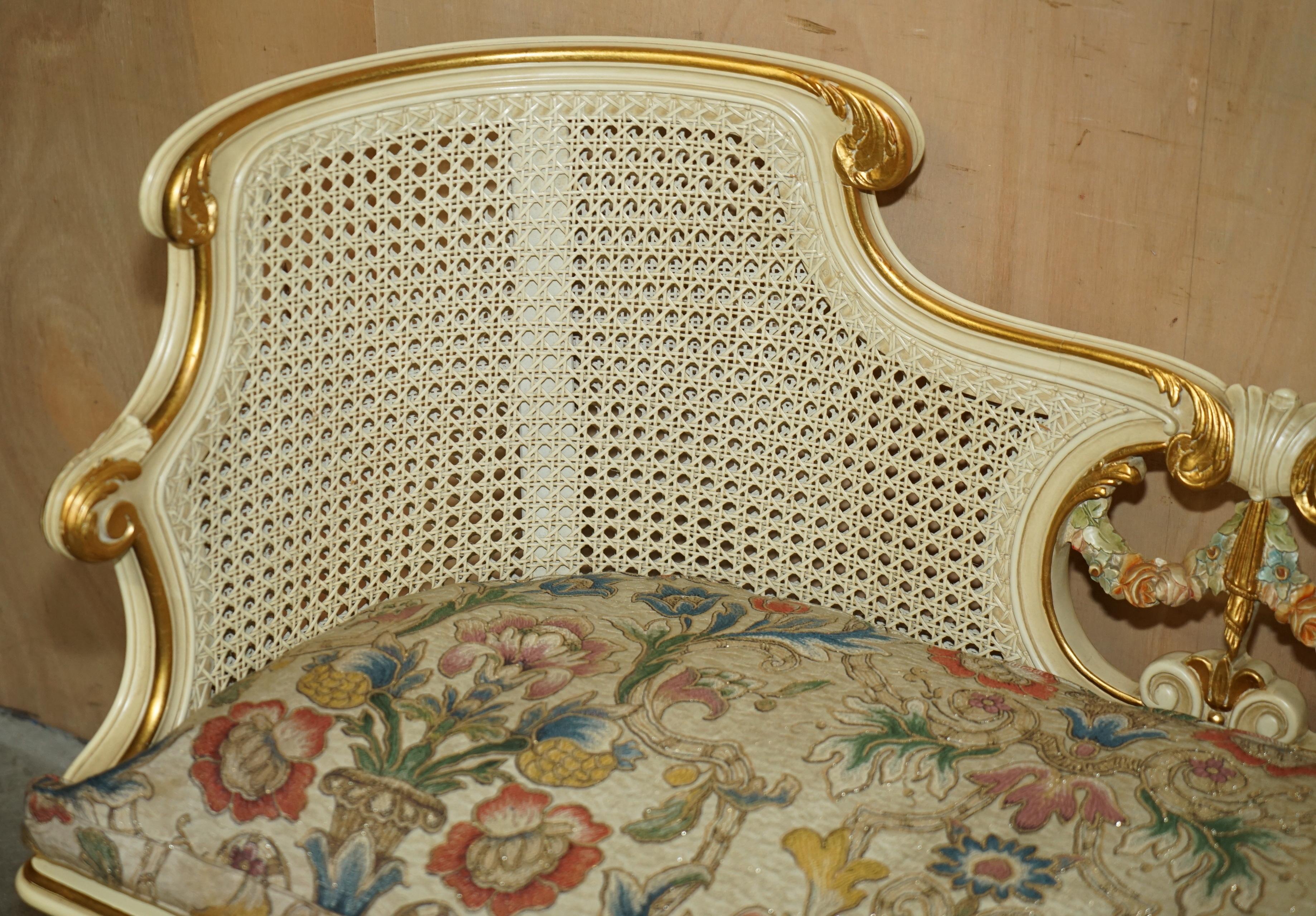 Upholstery ANTIQUE GOLD & SILVER LEAF EMBROIDERED FRENCH LOUIS BERGERE WiNDOW SEAT BENCH For Sale