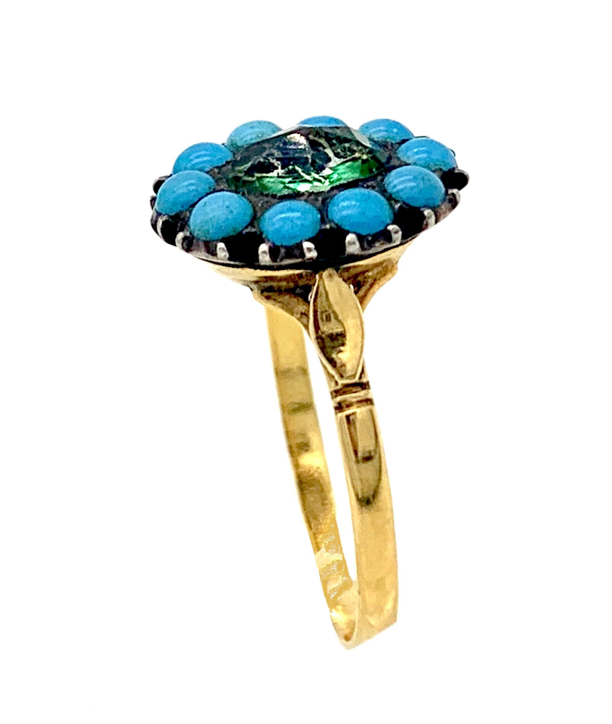 Antique Gold Silver Foiled Paste Flower Ring Turquoise and Green Paste Stones In Good Condition For Sale In Munich, Bavaria