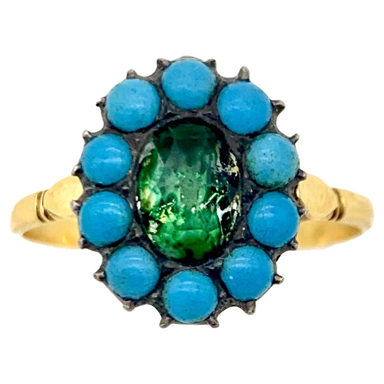 Bague fleur en pâte d'or et d'argent antique, turquoise et pierres de pâte verte en vente