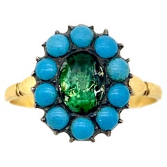 Bague fleur en pâte d'or et d'argent antique, turquoise et pierres de pâte verte