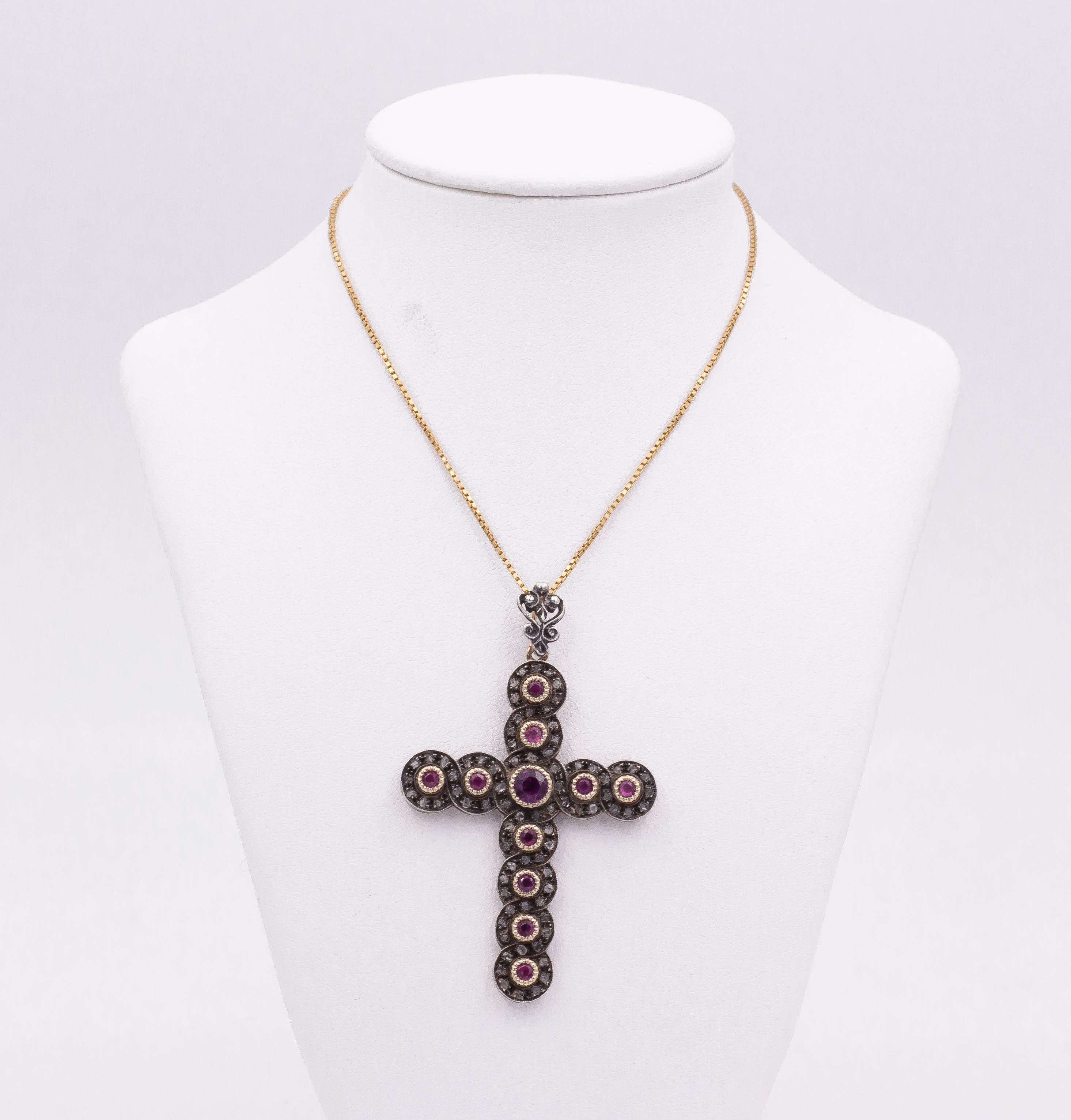 Rose Cut Antique Gold, Silver, Ruby and Diamond Crucifix Pendant, Early 20th Century For Sale
