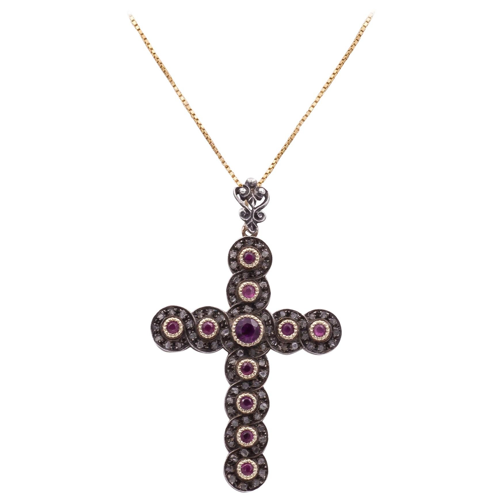 Antique Gold, Silver, Ruby and Diamond Crucifix Pendant, Early 20th Century For Sale