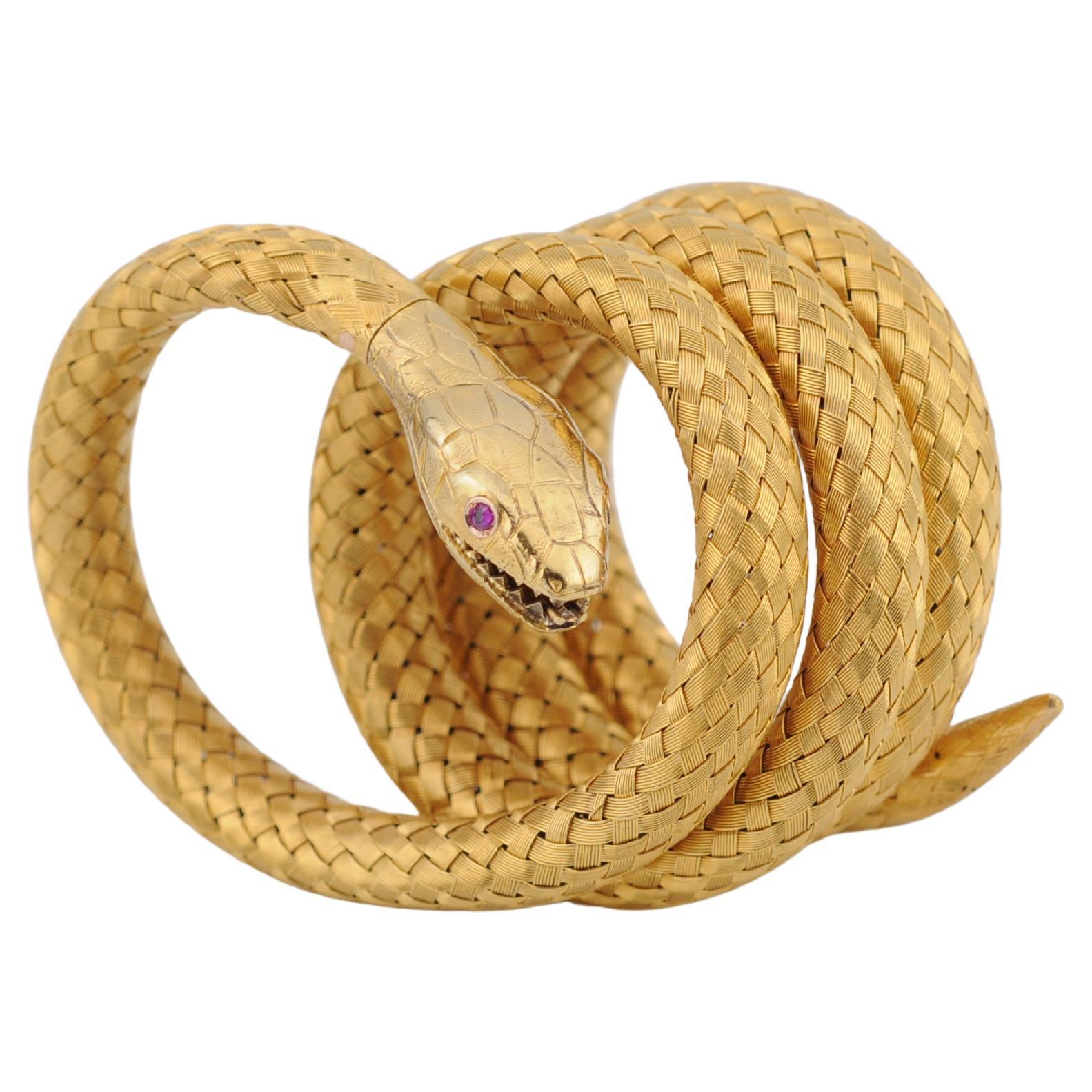 Antique Gold Snake Bracelet with Ruby Eyes, circa 1880
