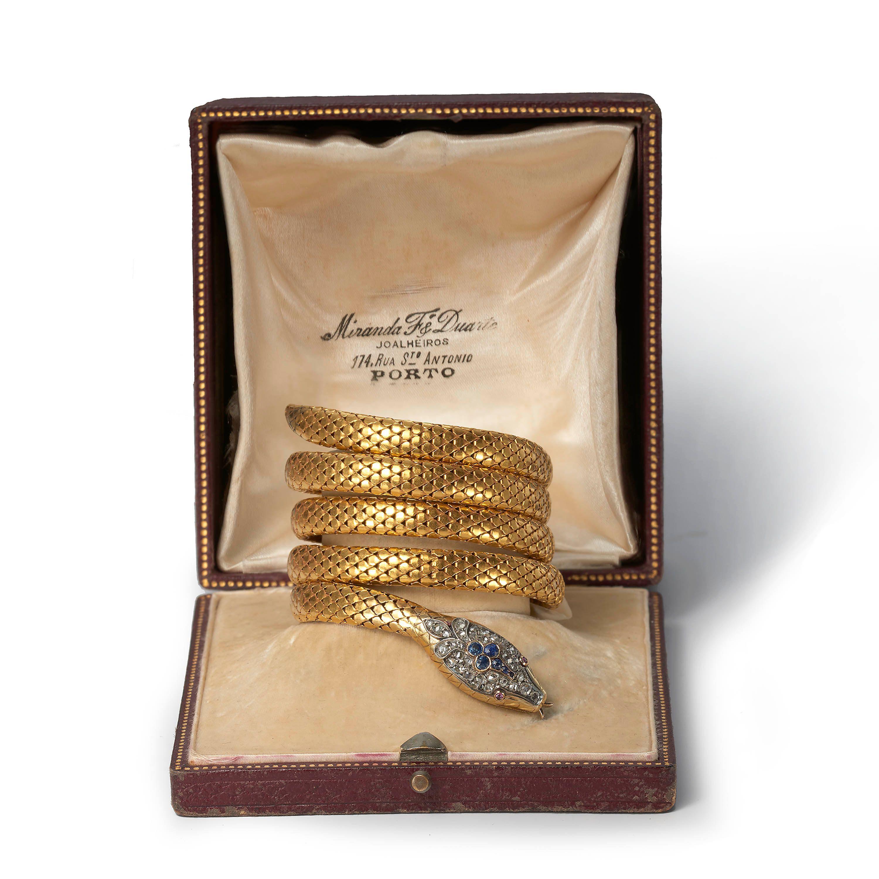 Antique Gold Snake Bracelet with Sapphire, Diamond and Ruby, Circa 1890 In Good Condition In London, GB