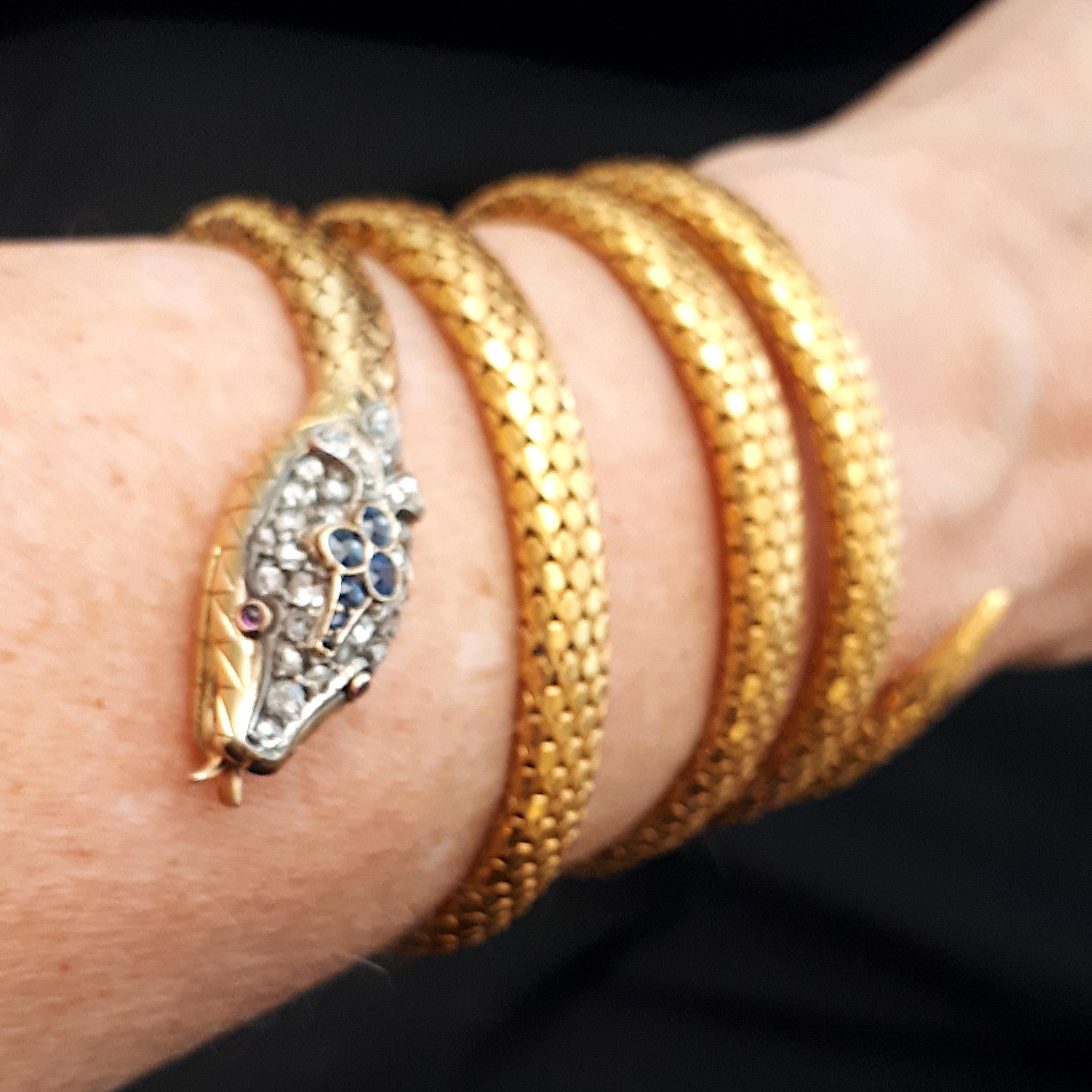 Antique Gold Snake Bracelet with Sapphire, Diamond and Ruby, Circa 1890 2