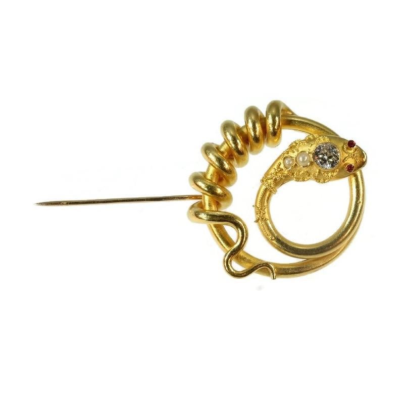 Antique Gold Snake or Serpent Brooch with Big Diamond In Excellent Condition For Sale In Antwerp, BE