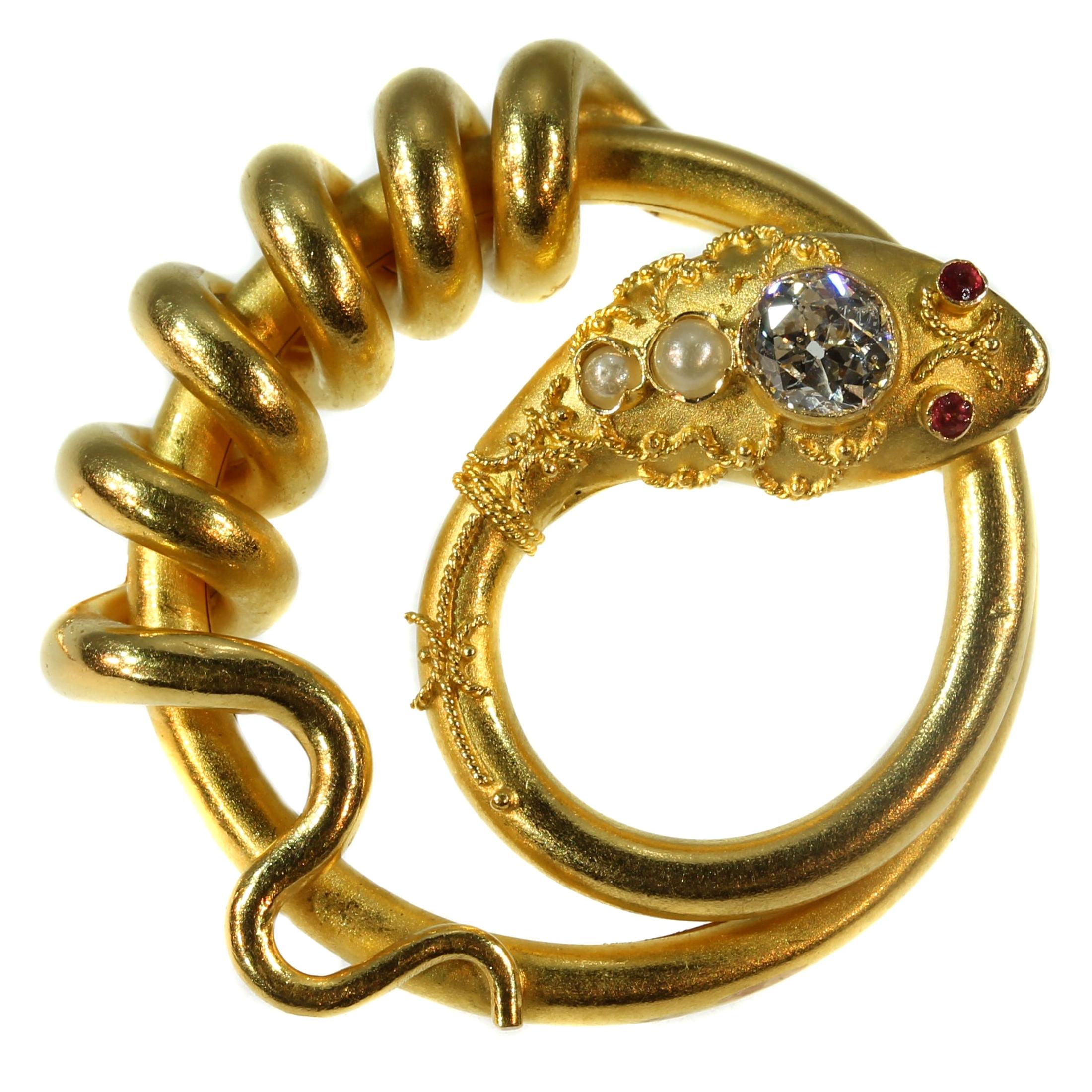 Antique Gold Snake or Serpent Brooch with Big Diamond For Sale