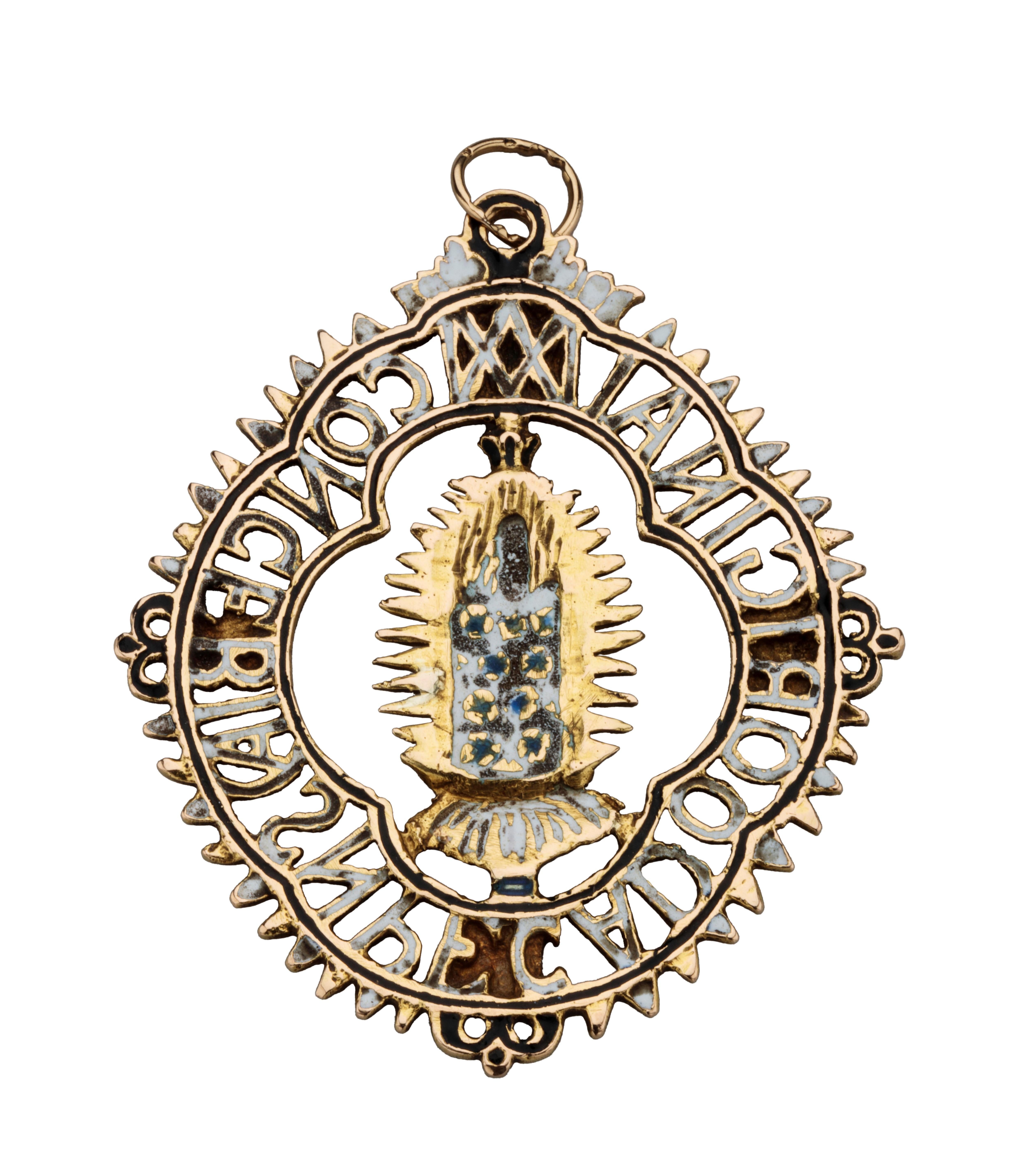 PENDANT WITH VIRGIN OF THE IMMACULATE CONCEPTION 
Spain (Andalucia or Estremadura), c. 1630 
Gold, enamel, paste 
Weight 35 grams; dimensions 74 × 57 × 3 mm 

Openwork gold pendant with quatrefoil frame in black and white enamel with Spanish