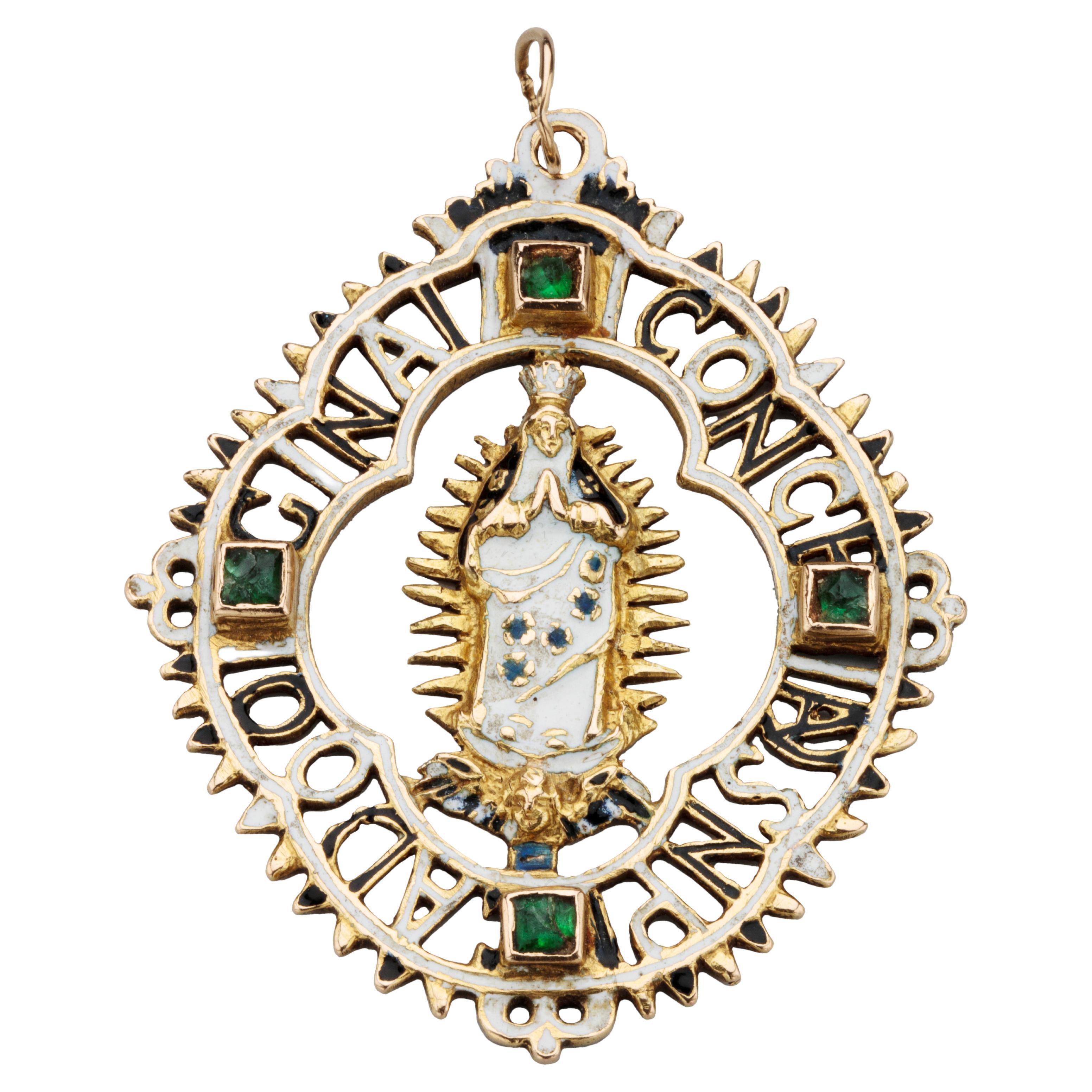 Antique Gold Spanish Pendant with the Virgin of the Immaculate Conception