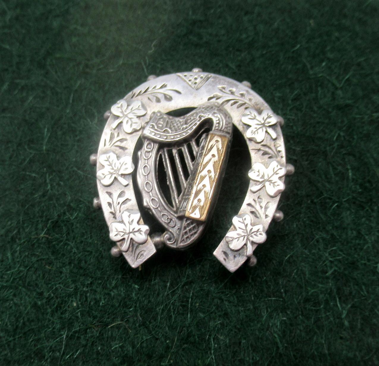 19th Century Antique Gold Sterling Silver Irish Harp Celtic Shamrock Horseshoe Brooch 1892