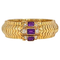Antique gold strap bracelet with diamond and amethyst ornament