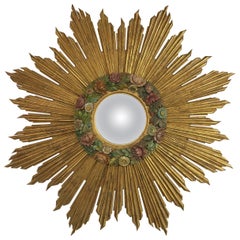 Antique Gold Sunburst Starburst Giltwood French Convex Gilded Barbola Mirror