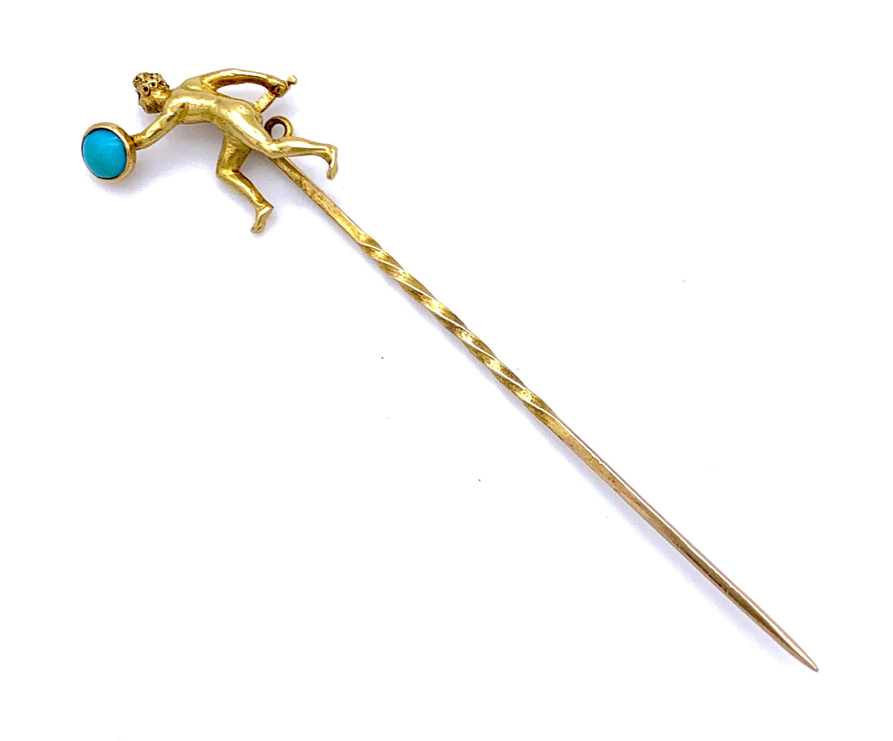 Antique stickpin of a  sportsman or  a warrior holding a sword in his right hand and shield with hos left arm. 