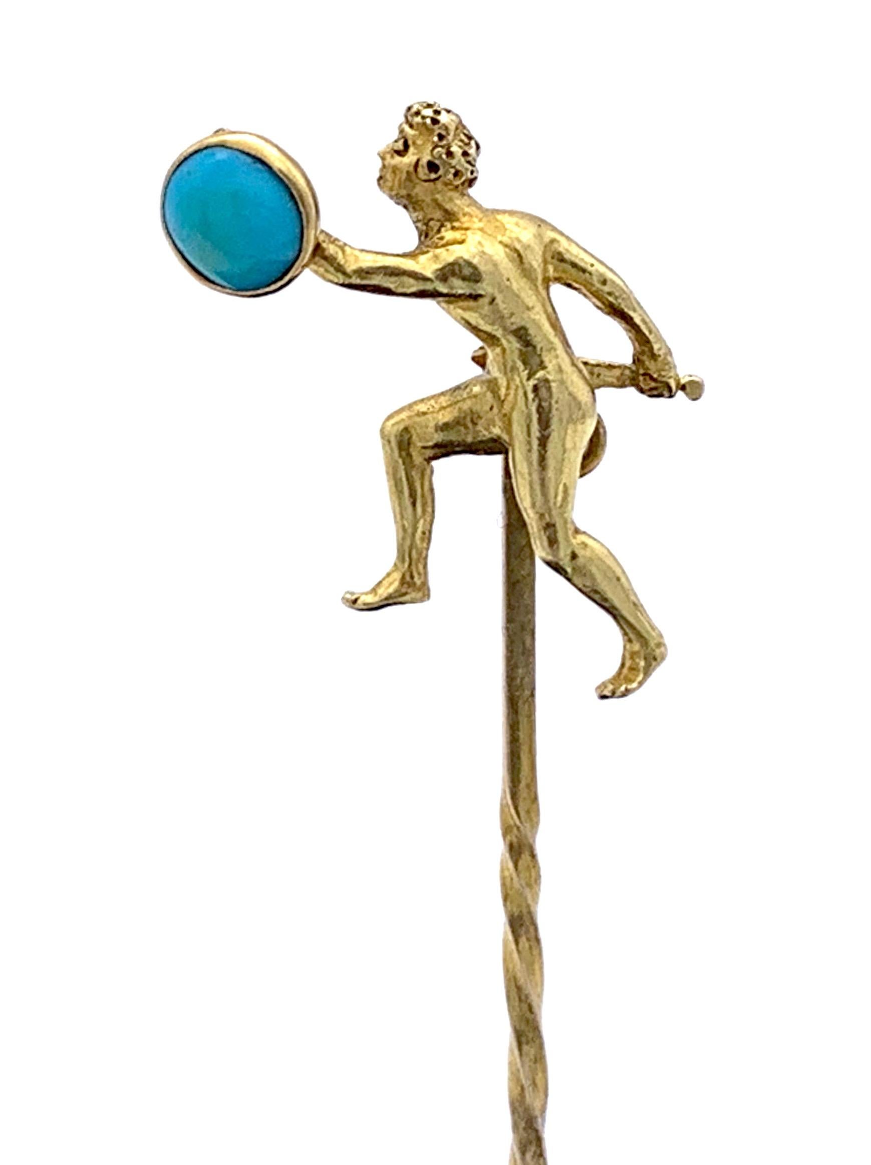 Épingle de bâton en or antique Épée de combat Bouclier Guerrier Turquoise Cabochon Épingle de bâton Excellent état - En vente à Munich, Bavaria