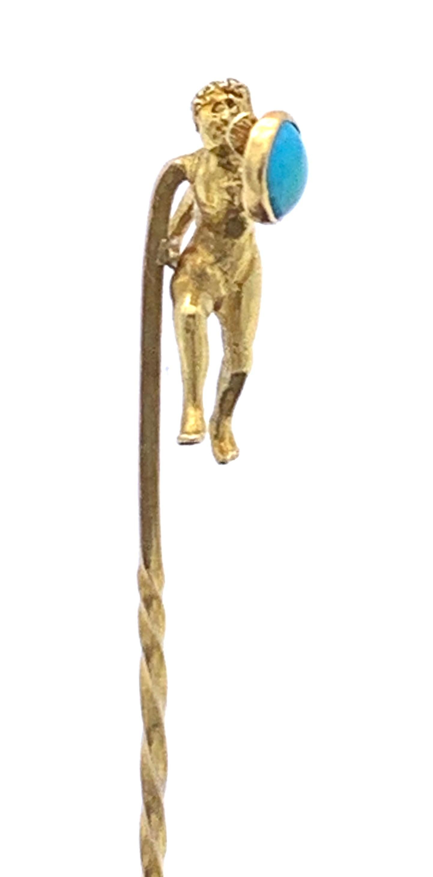 Épingle de bâton en or antique Épée de combat Bouclier Guerrier Turquoise Cabochon Épingle de bâton en vente 2
